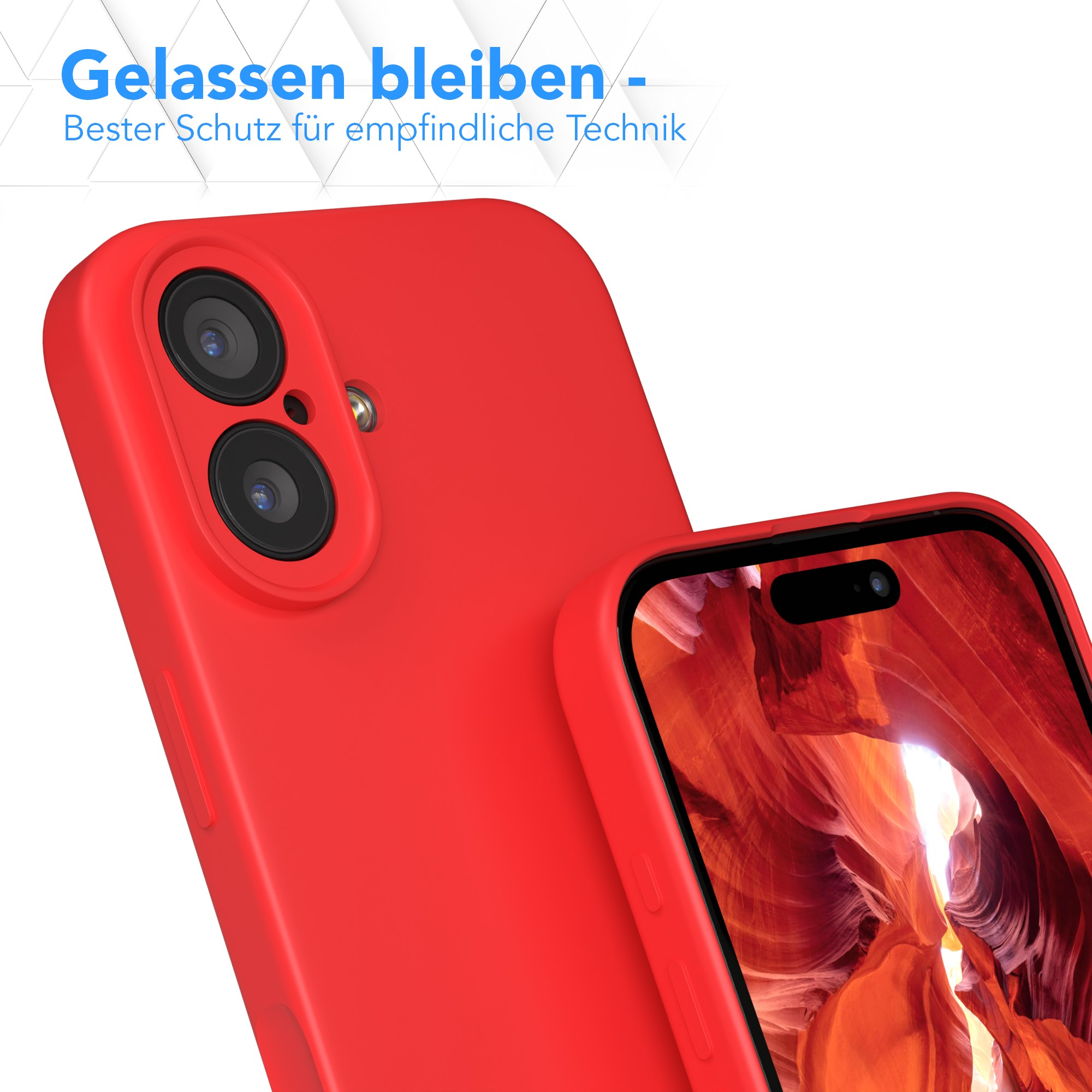 Rote Handyhülle mit Telefon. Blauer Text: Gelassen bleiben. Bester Schutz für empfindliche Technik.