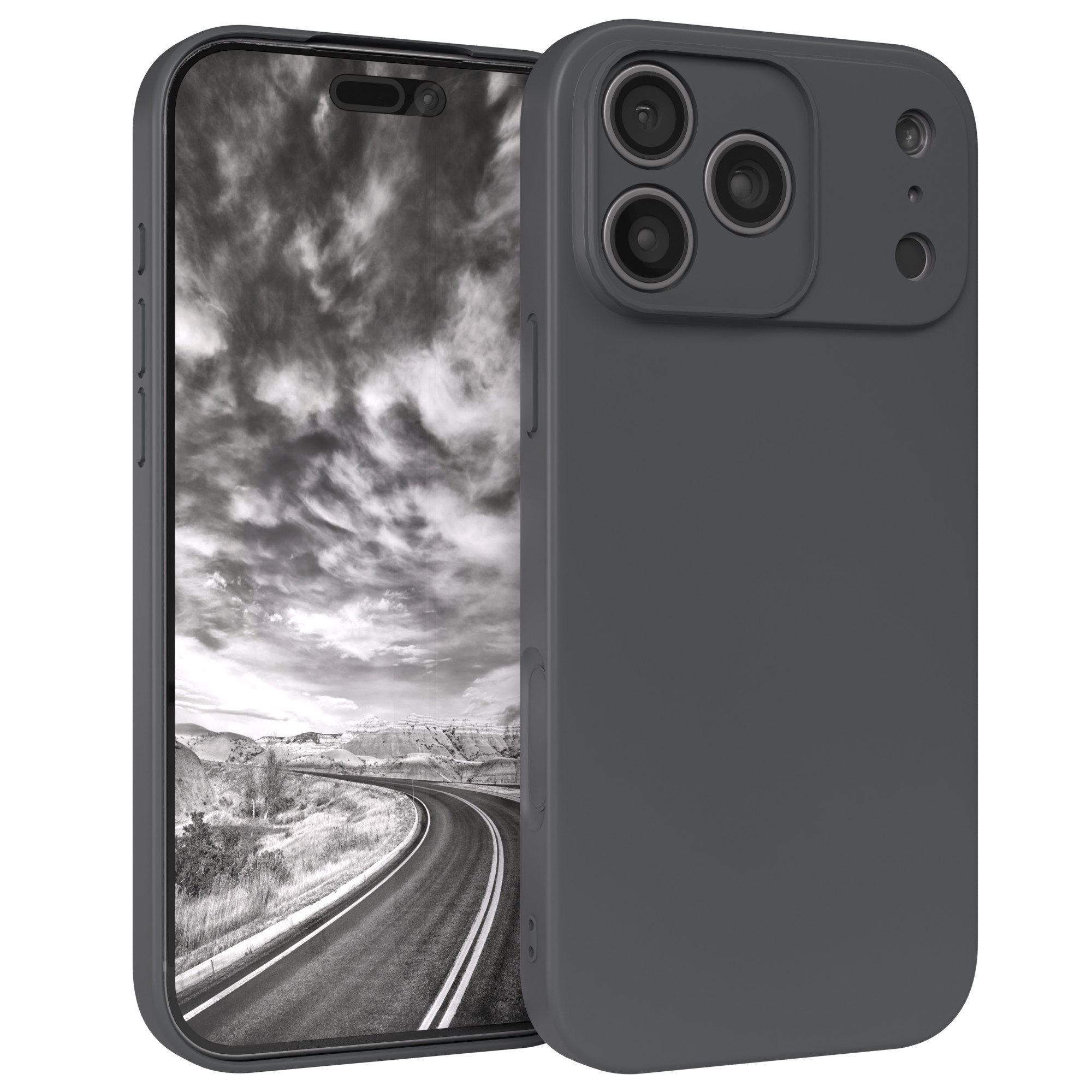 Ein Smartphone in einem grauen Gehäuse. Der Bildschirm zeigt ein Schwarzweißbild einer Straße und eines Himmels.