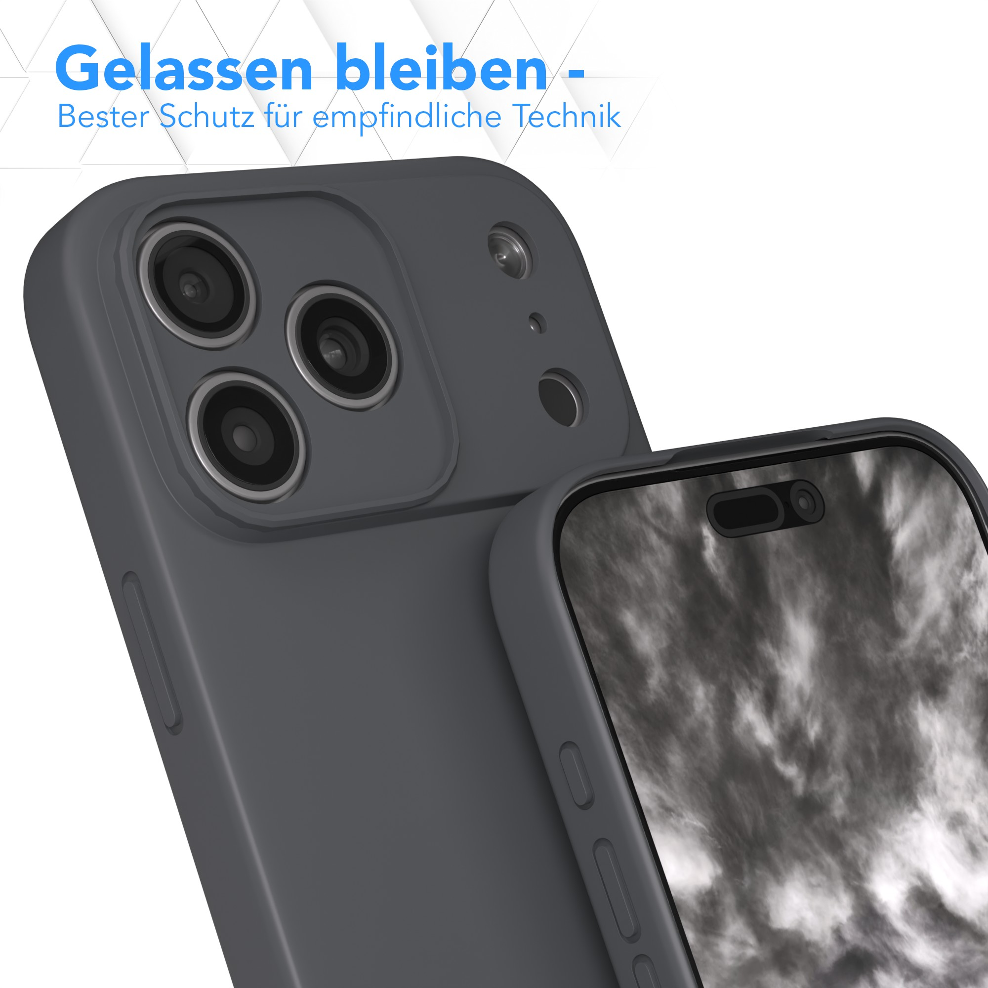Eine graue Handyhülle schützt ein Telefon. Das Telefon hat einen Bildschirm mit einem wolkigen Design. Text in Blau: Gelassen bleiben.
