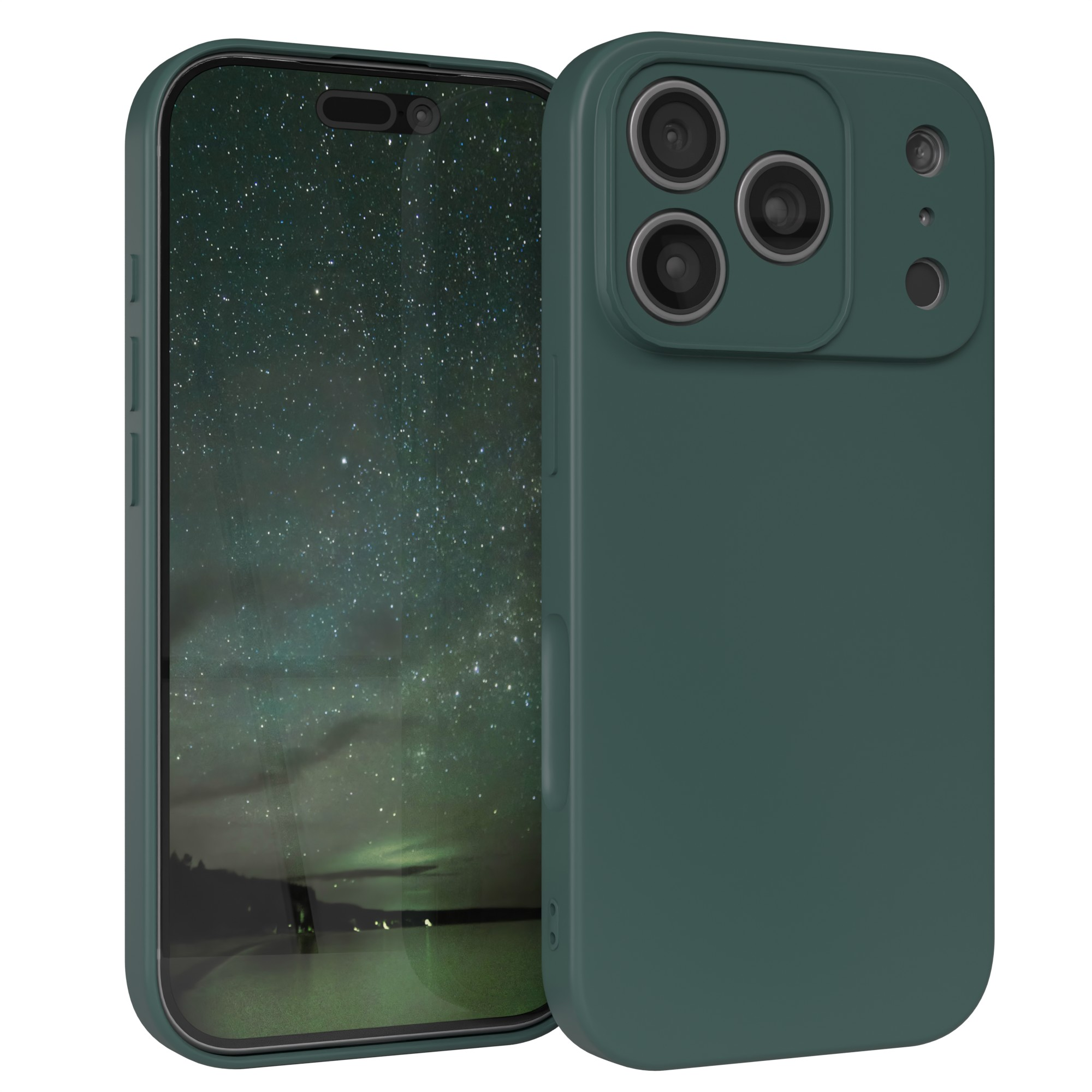 Ein Telefon in einer grünen Hülle, der Bildschirm zeigt eine sternenklare Nachtlandschaft. Das Telefon steht auf weißem Grund.