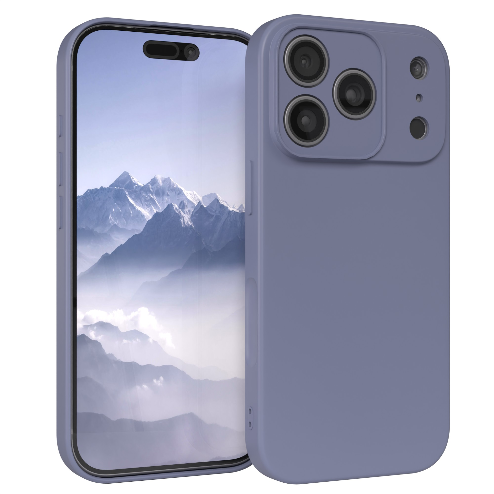 Ein Telefon in einer lila Hülle, das eine Berglandschaft auf dem Bildschirm zeigt. Die Hülle hat mehrere Kameras.