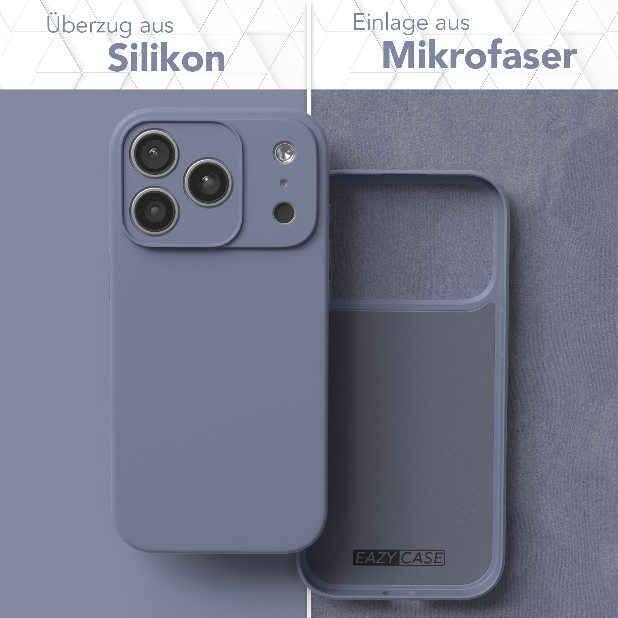Eine Handyhülle, Silikon außen und Mikrofaser innen, in Blau-Grau. Links die Silikonhülle, rechts die Mikrofaser.