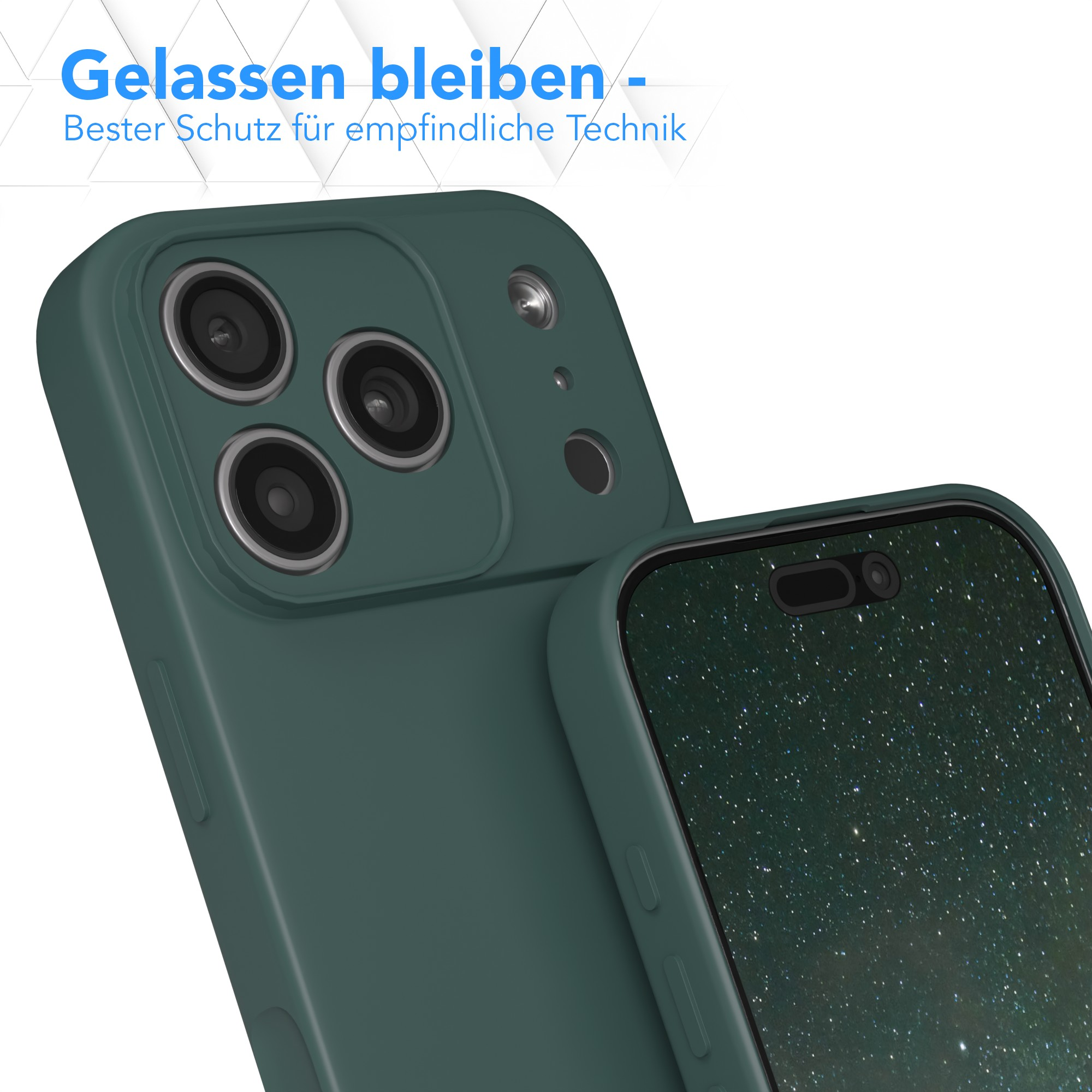 Grüne Handyhülle mit Telefon, Nahaufnahme. Hülle hat Kameraausschnitte und einen Sternenhimmel.