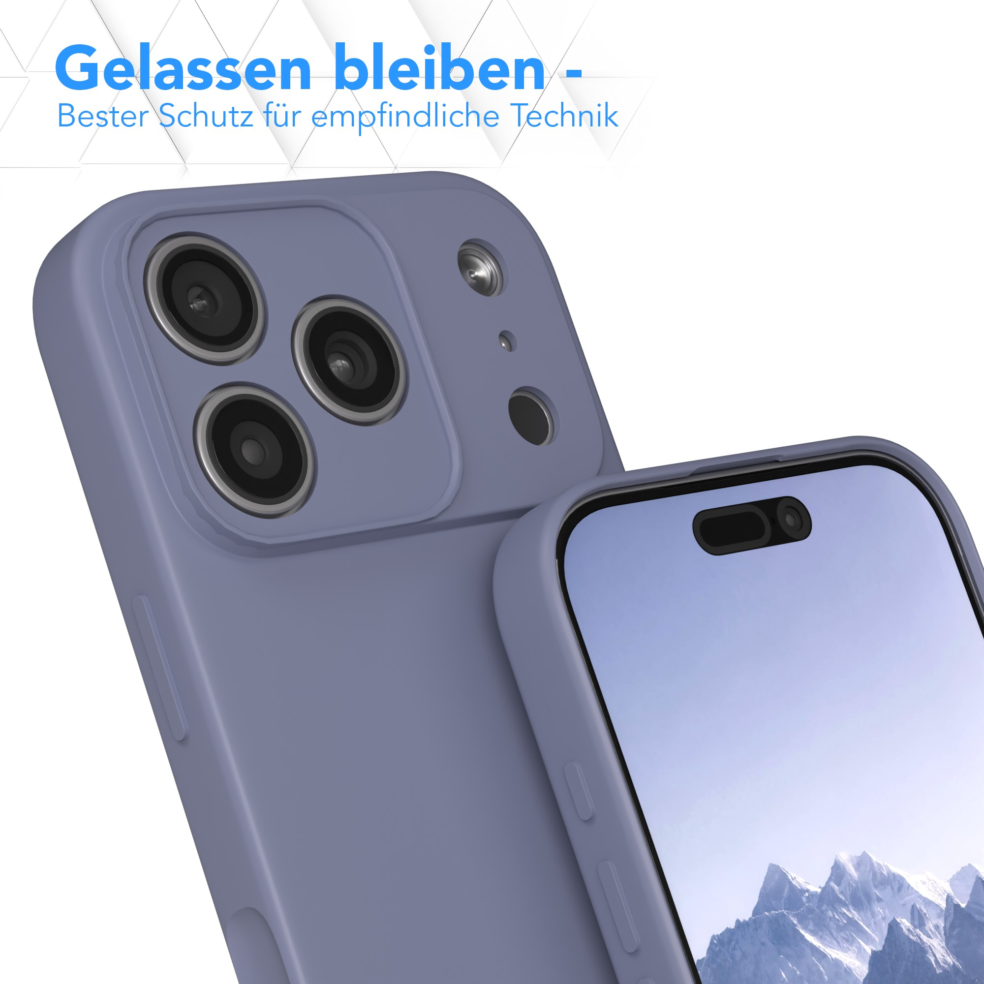 Ein Telefon in einer lila Hülle. Der Bildschirm zeigt eine Berglandschaft. Text: 'Gelassen bleiben'.