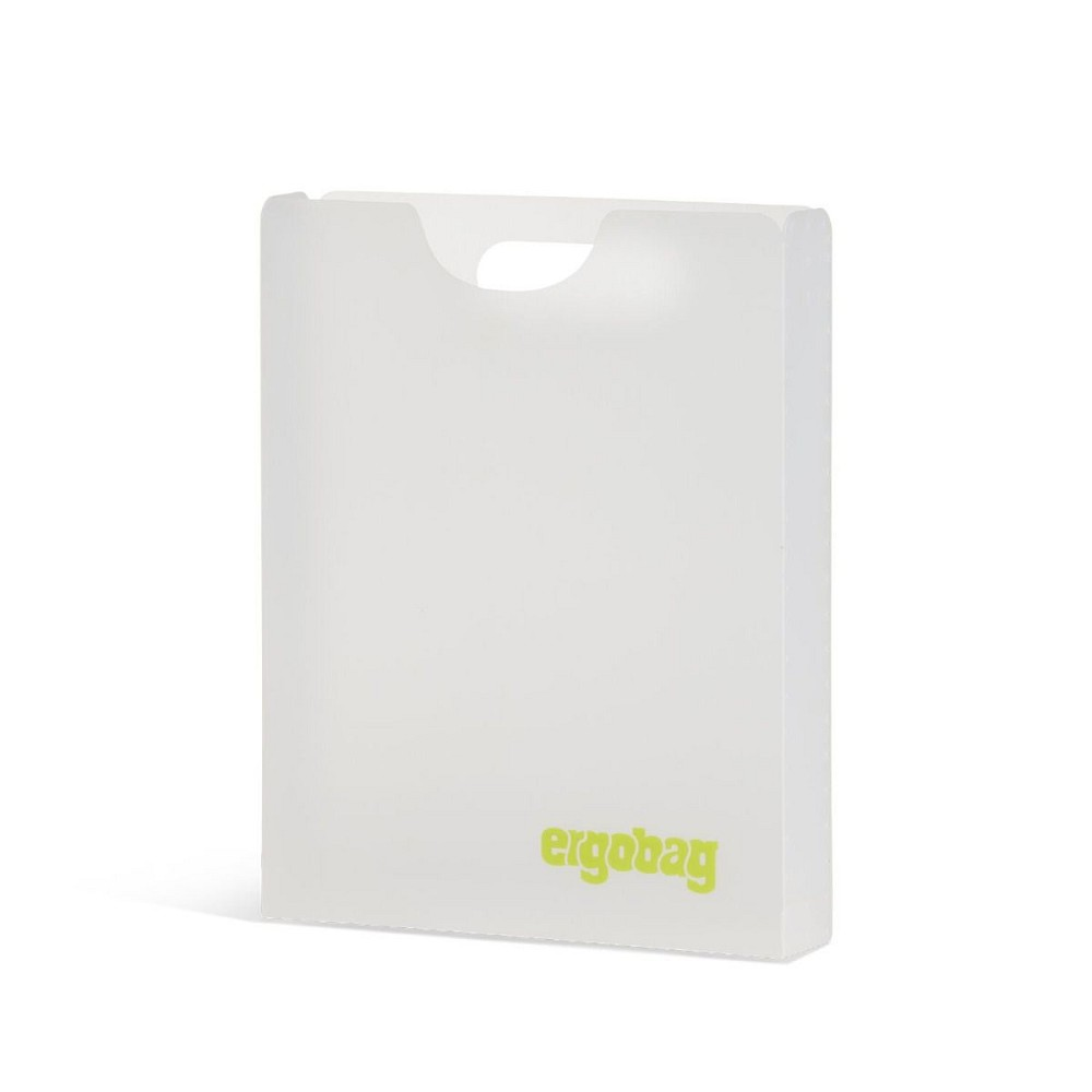 Eine durchscheinende, weiße Plastiktüte mit einem Griffausschnitt oben. Das Wort 'ergobag' steht in Grün unten rechts.