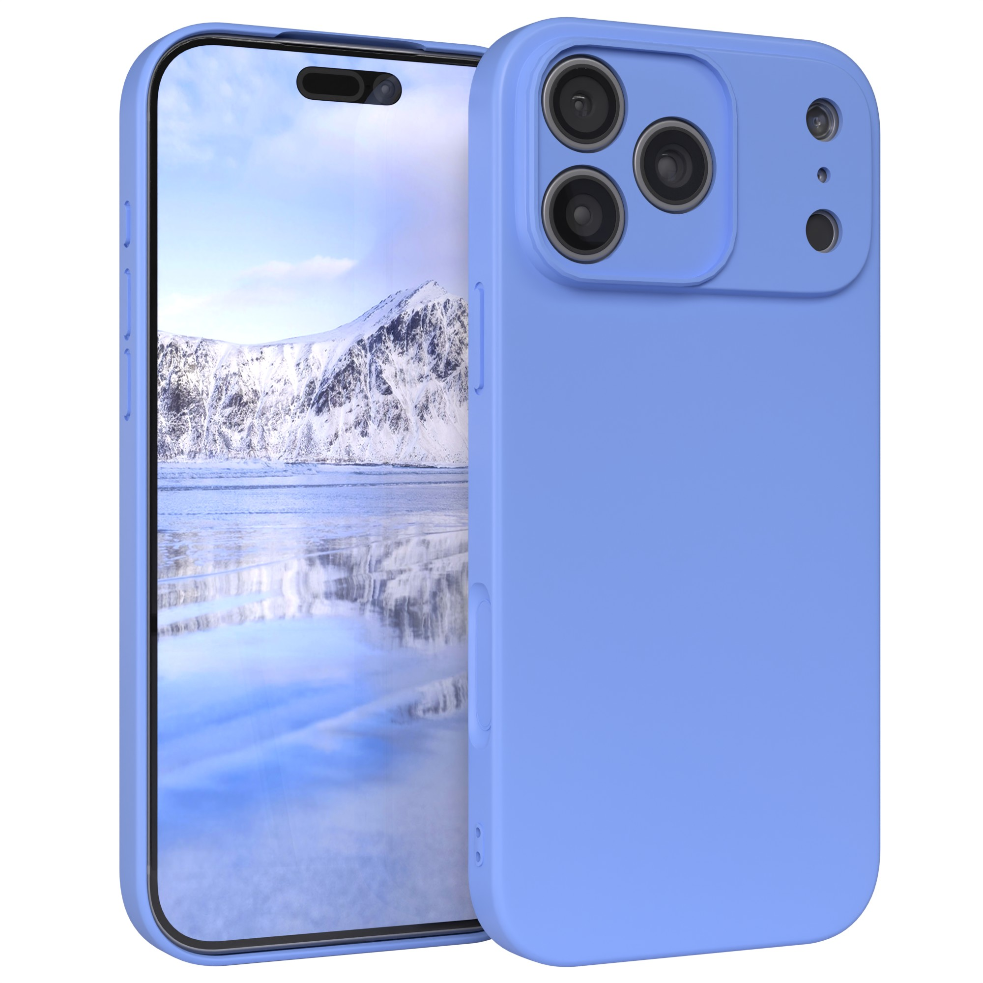 Ein blaues Telefon und eine passende Hülle. Das Telefon zeigt eine schneebedeckte Berglandschaft. Die Hülle hat Kameraausschnitte.