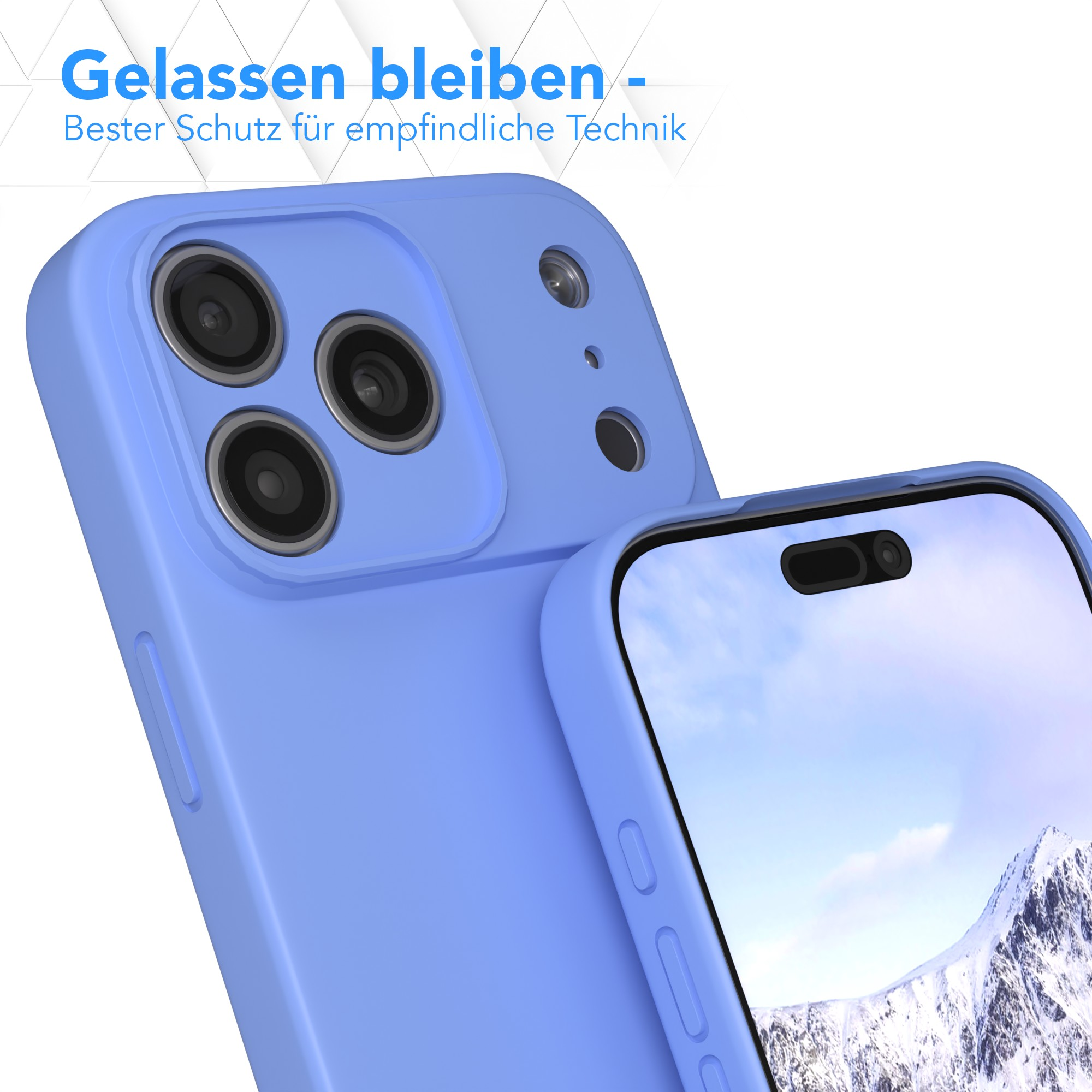 Zwei blaue Handyhüllen, eine mit Kameralinsen. Eine zeigt eine Berglandschaft auf dem Bildschirm.