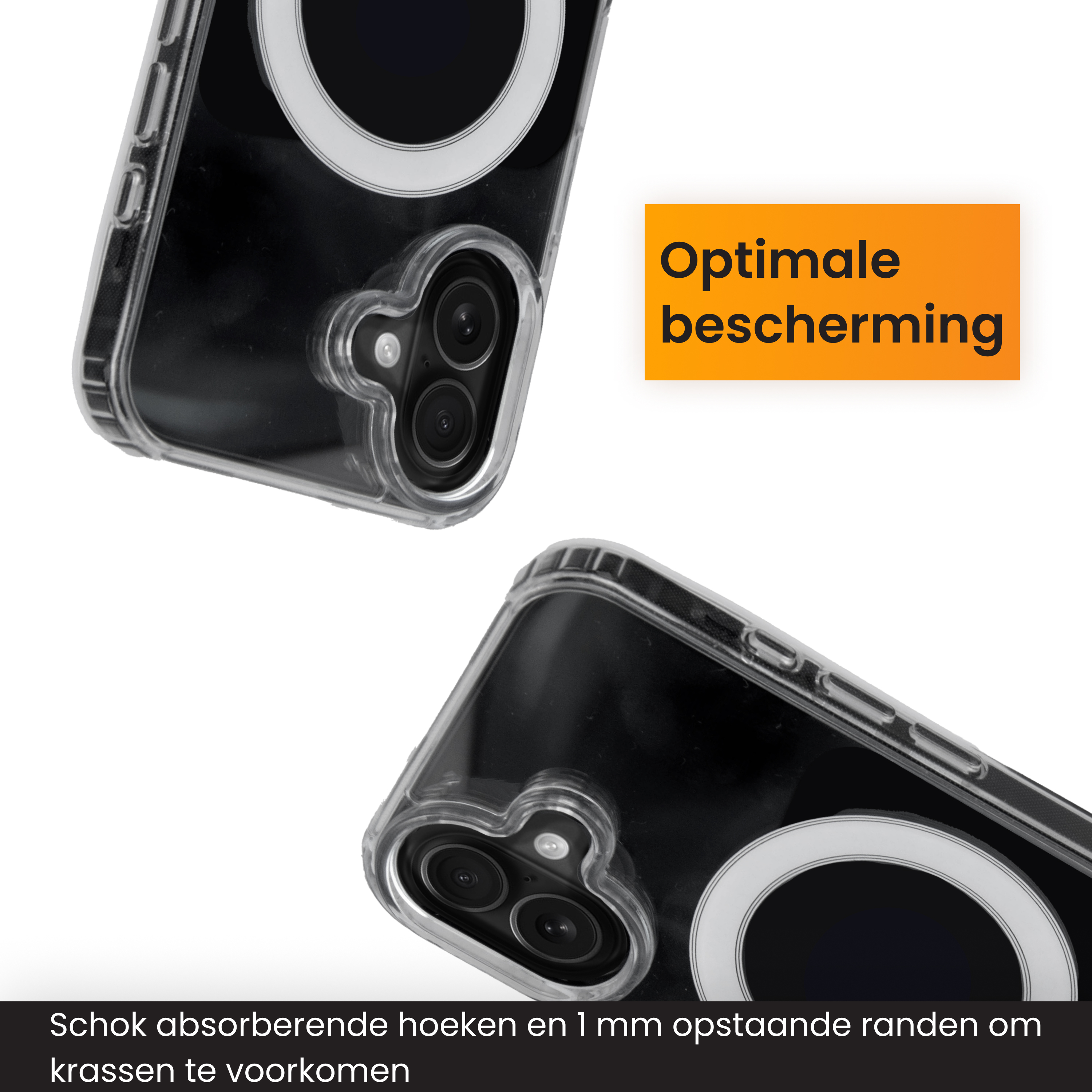 Transparante telefoonhoes. Oranje rechthoek, tekst: Optimale bescherming. Zwarte tekst: Schok absorberende hoeken en 1 mm opstaande.