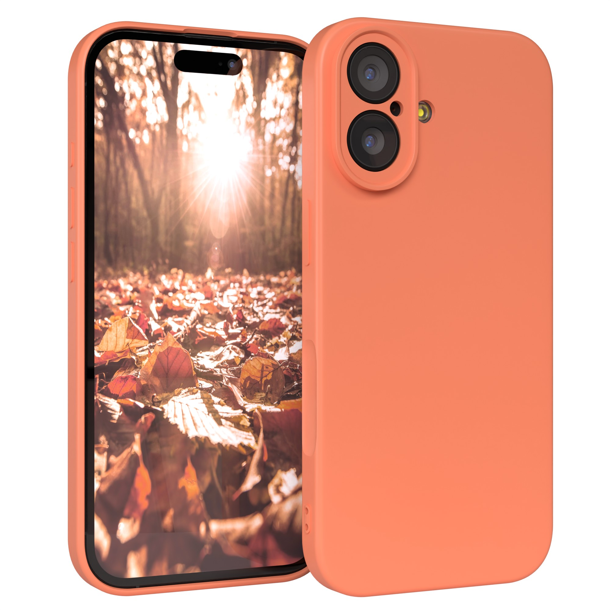 Ein Telefon in einer orangefarbenen Hülle zeigt eine Waldszene mit Herbstlaub. Die Hülle ist rechts.