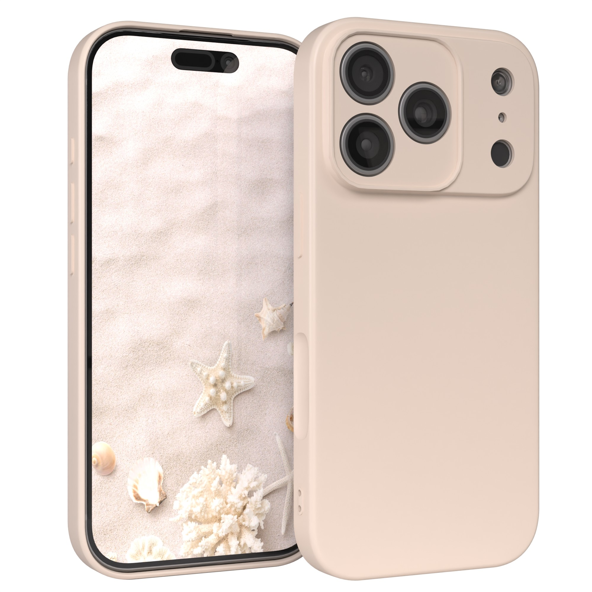 Ein Telefon in einer sandfarbenen Hülle, der Bildschirm zeigt Sand mit Seesternen und Muscheln. Die Hülle hat eine Kamera.