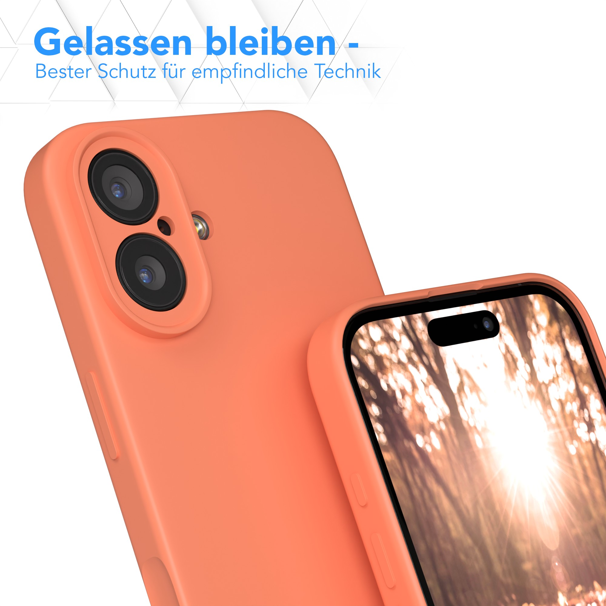 Orangene Handyhülle mit Handy. Der Bildschirm zeigt eine verschwommene Waldszene.