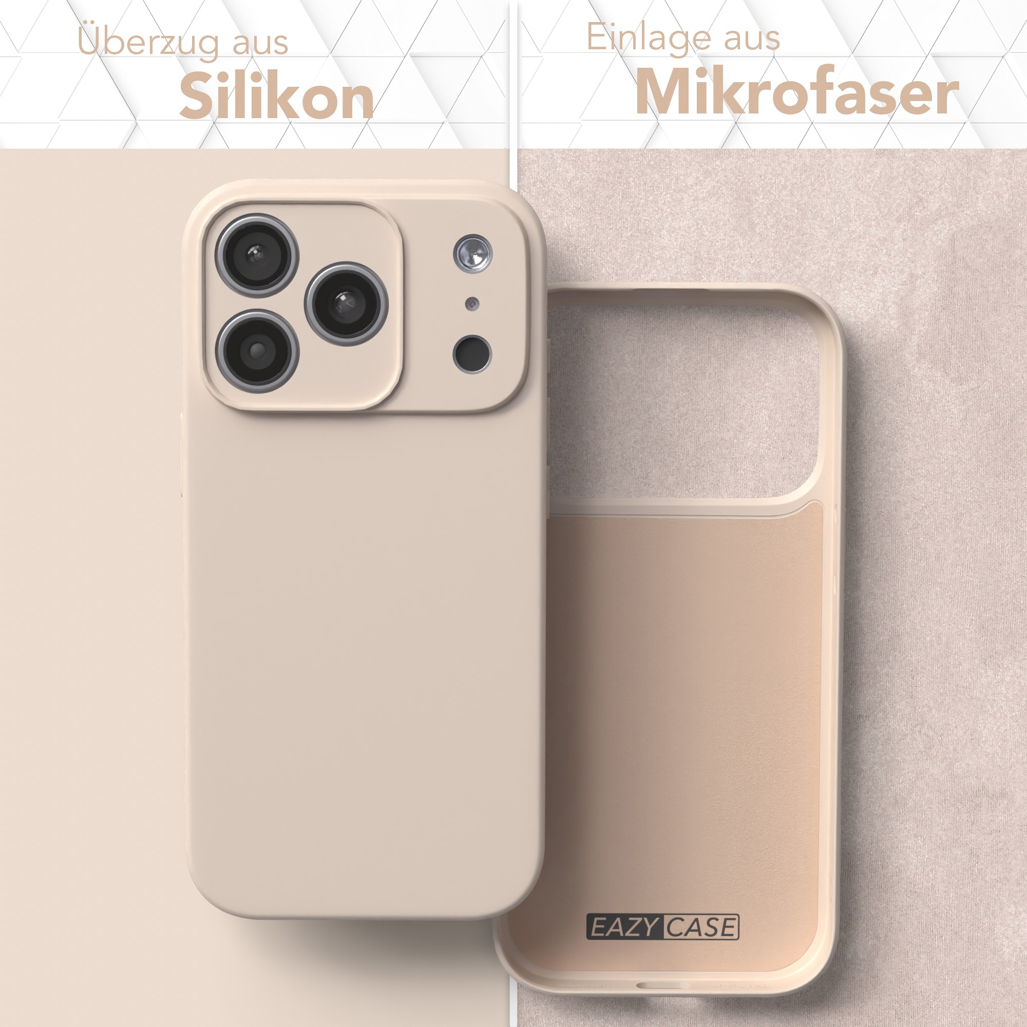 Gezeigt wird eine Handyhülle, die geteilt ist, um ihr Silikonäußeres und ihr Mikrofaserinnenleben zu präsentieren. Die Hülle ist beige, mit 'EAZY CASE'.