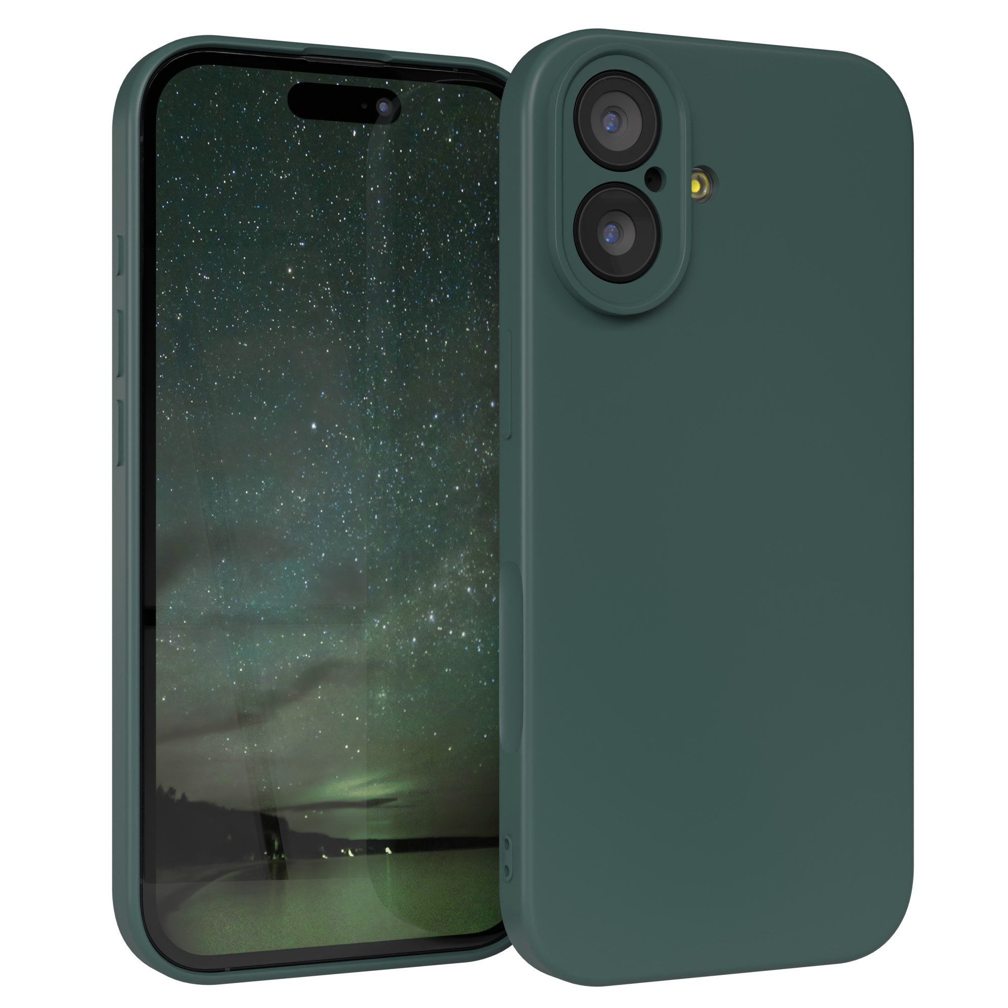 Ein Smartphone in einer grünen Hülle, das ein Sternennachtbild anzeigt. Die Handyhülle hat zwei Kameras.