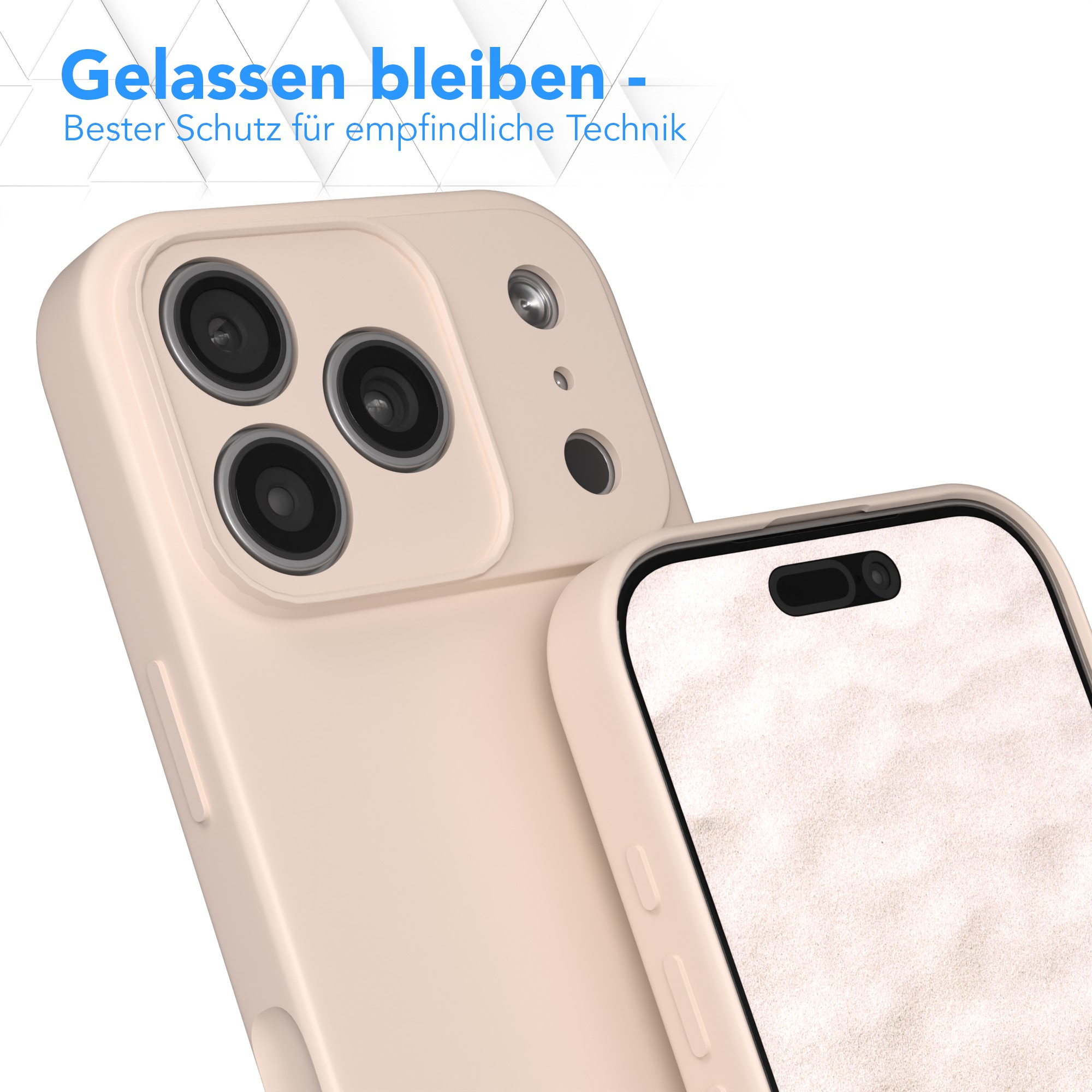 Nahaufnahme eines Telefons in einer beigen Hülle. Das Telefon hat eine Dreifachkamera und einen Bildschirmschutz. Weißer Hintergrund.