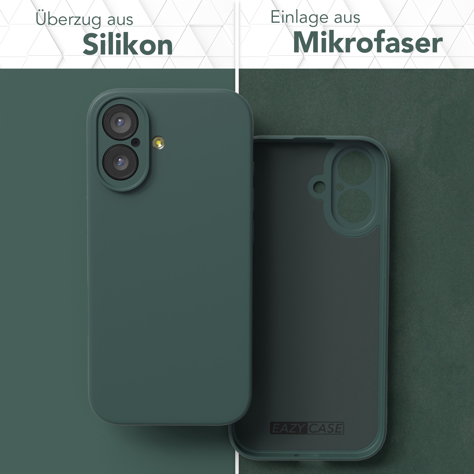 Eine grüne Handyhülle, außen Silikon, innen Mikrofaser, mit Dual-Kamera und einem Markenlogo.