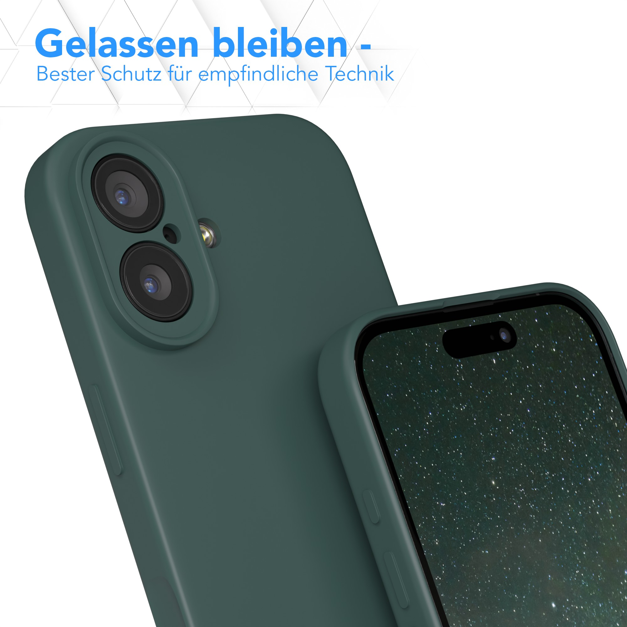 Eine dunkelgrüne Handyhülle mit einem Telefon darin. Der Bildschirm hat einen Sternennacht-Hintergrund. Text steht oben.
