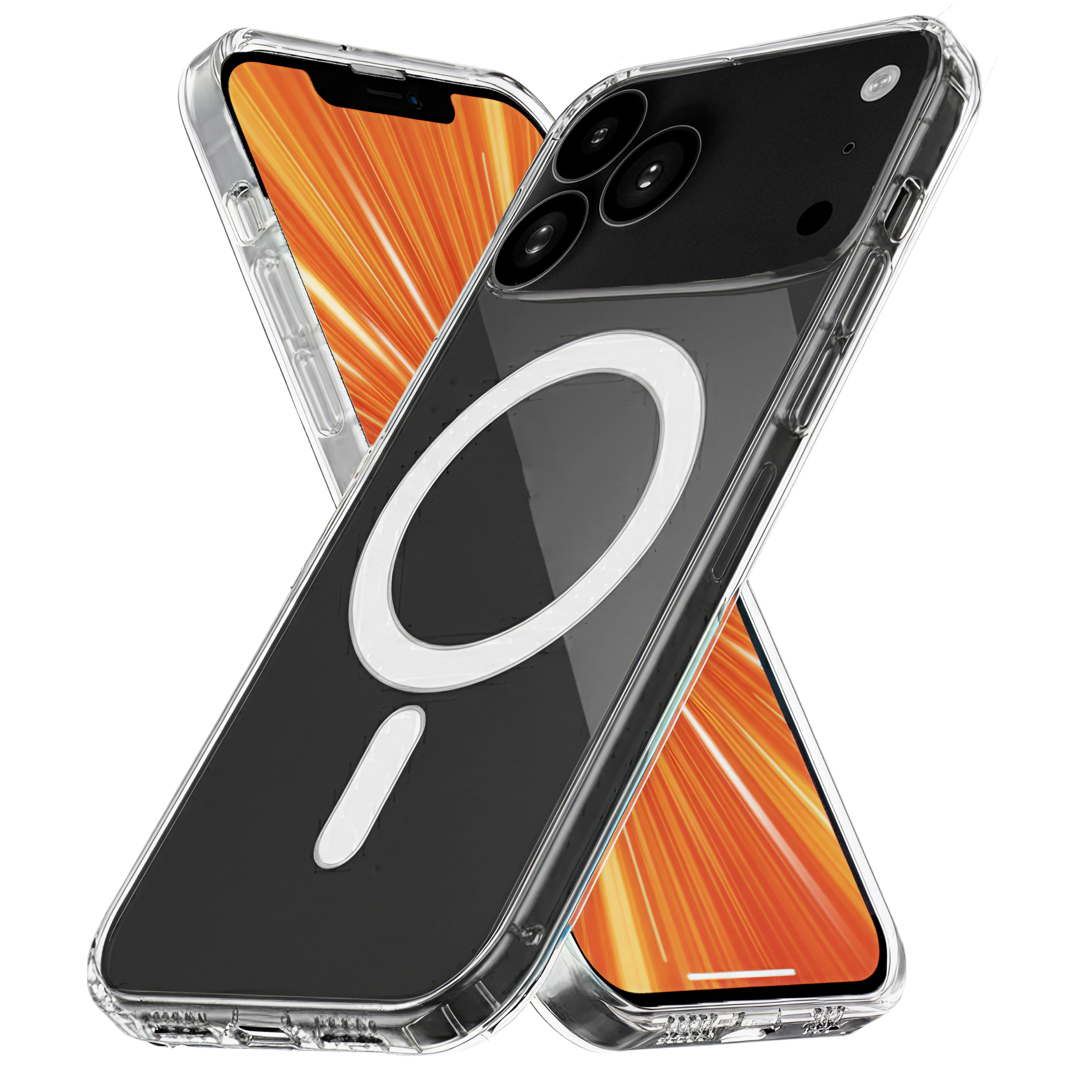 Twee doorzichtige telefoonhoesjes zijn gekruist. Eén heeft een zwarte achterkant en een wit cirkelontwerp. Het scherm toont een oranje ontwerp.