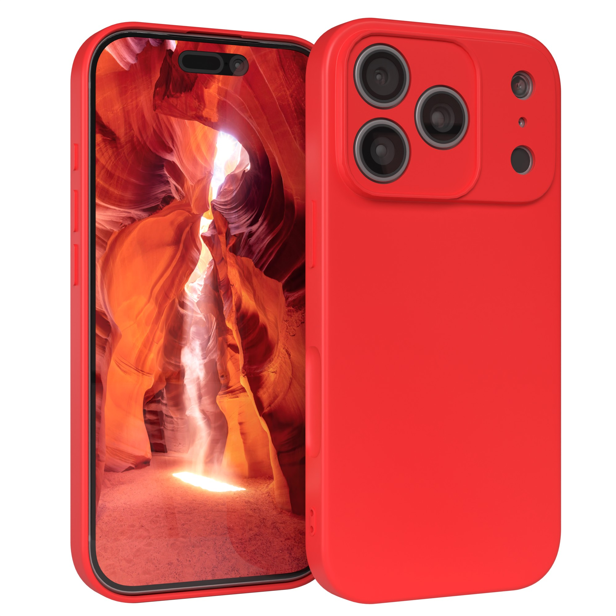 Ein rotes Telefon in einer roten Hülle, das eine orangefarbene Schlucht zeigt. Die Hülle hat drei Kameralinsen.