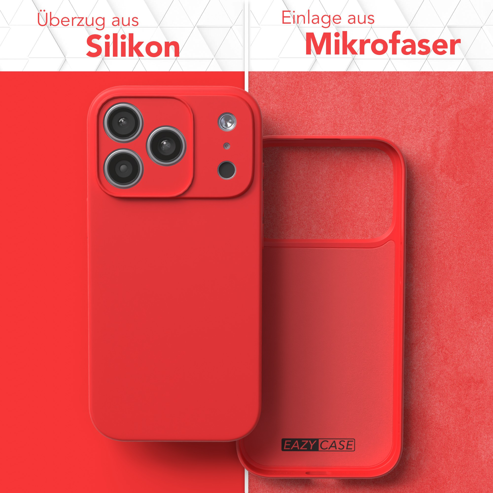 Rote Handyhülle mit Kameraausschnitten und separater Mikrofaserhülle. Text sagt 'Silikon' und 'Mikrofaser'.