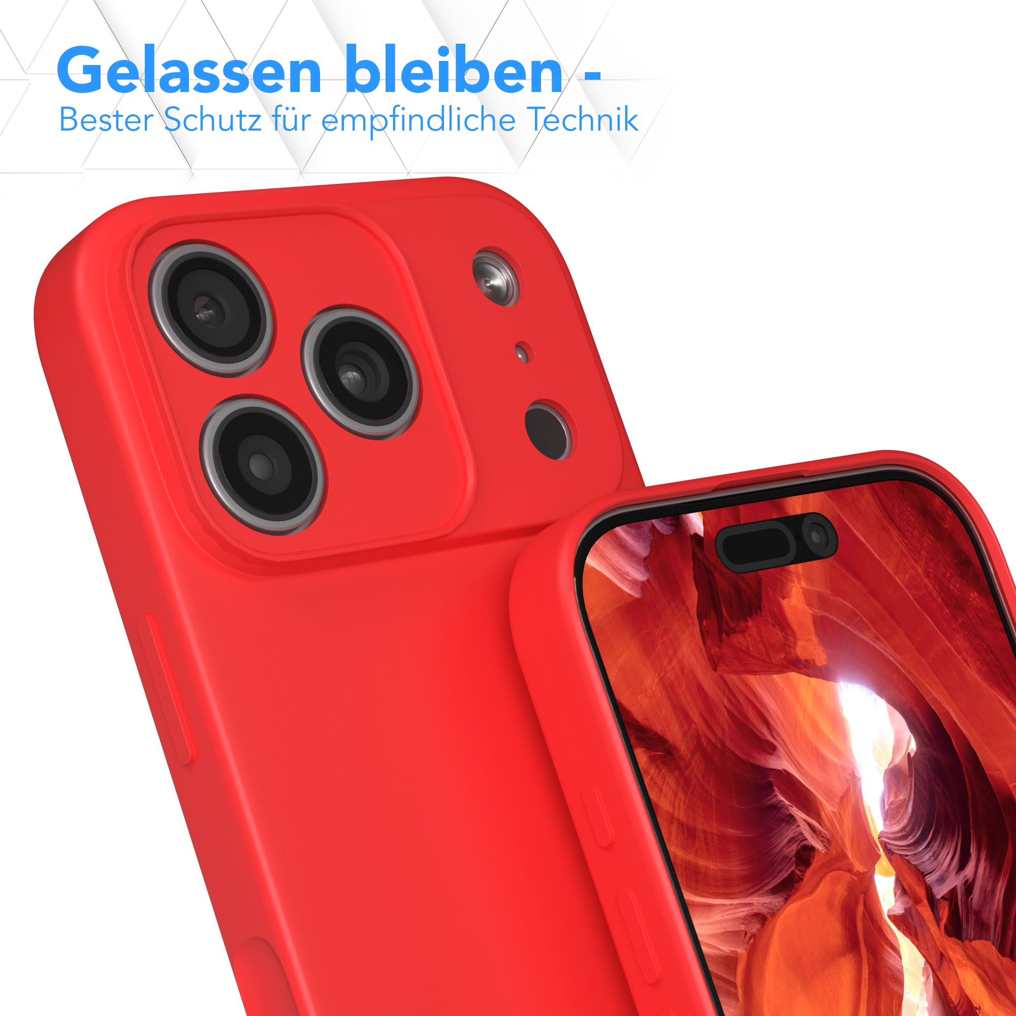 Rote Handyhülle mit Kameraausschnitten und ein Handy mit Canyon-Bild, auf weißem Hintergrund.