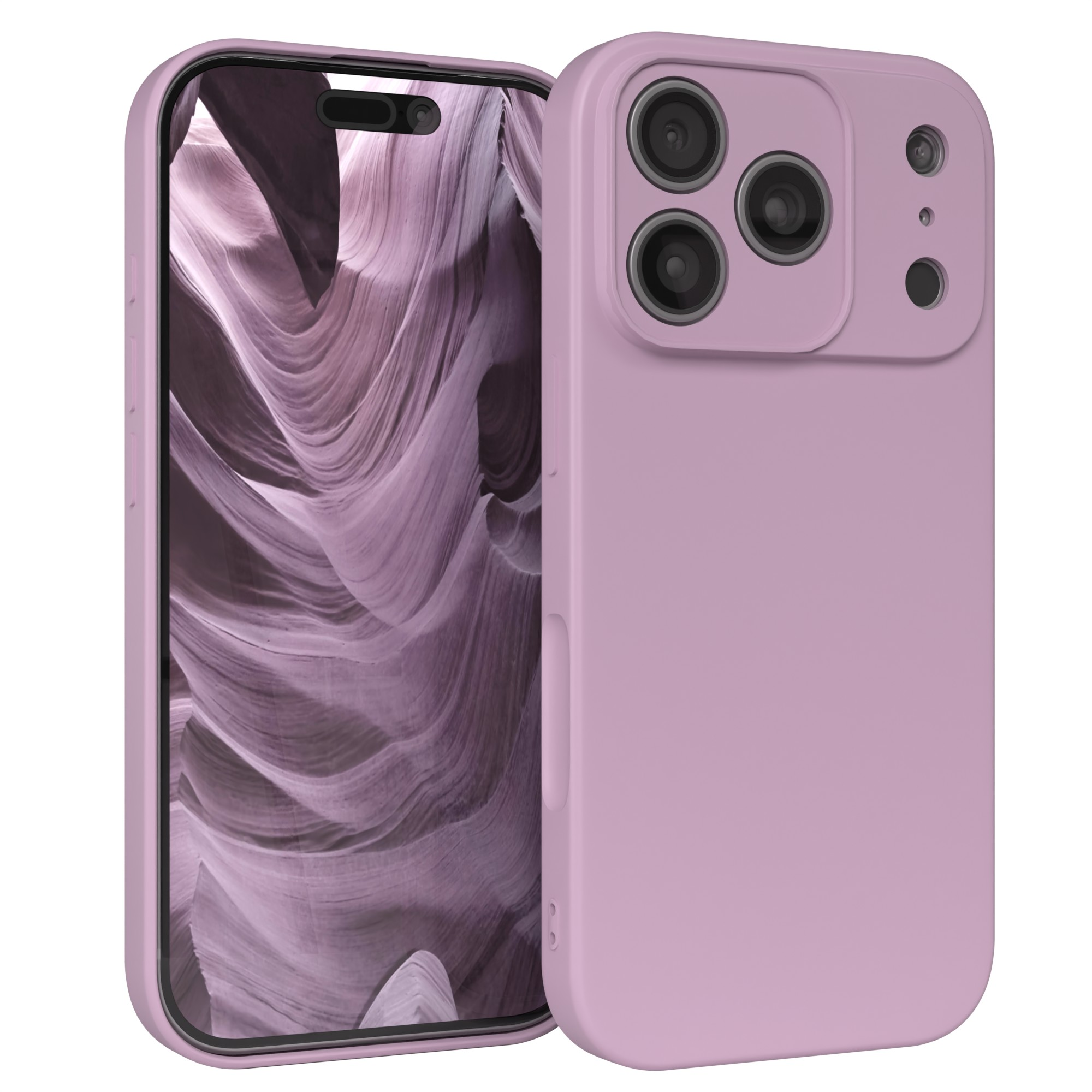 Ein pinkfarbenes Telefon mit Hülle, das ein Canyon-Bild anzeigt. Das Telefon hat Kameras und einen Bildschirm.