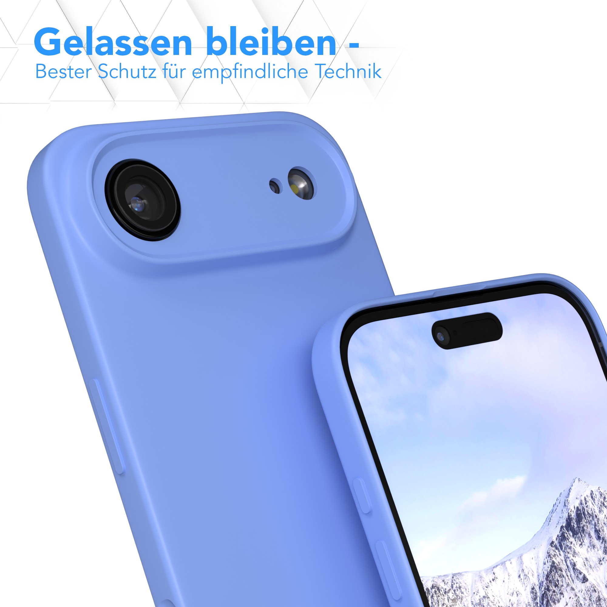 Zwei blaue Handyhüllen. Eine mit Kamera und die andere mit einem Bildschirm mit Bergkette.