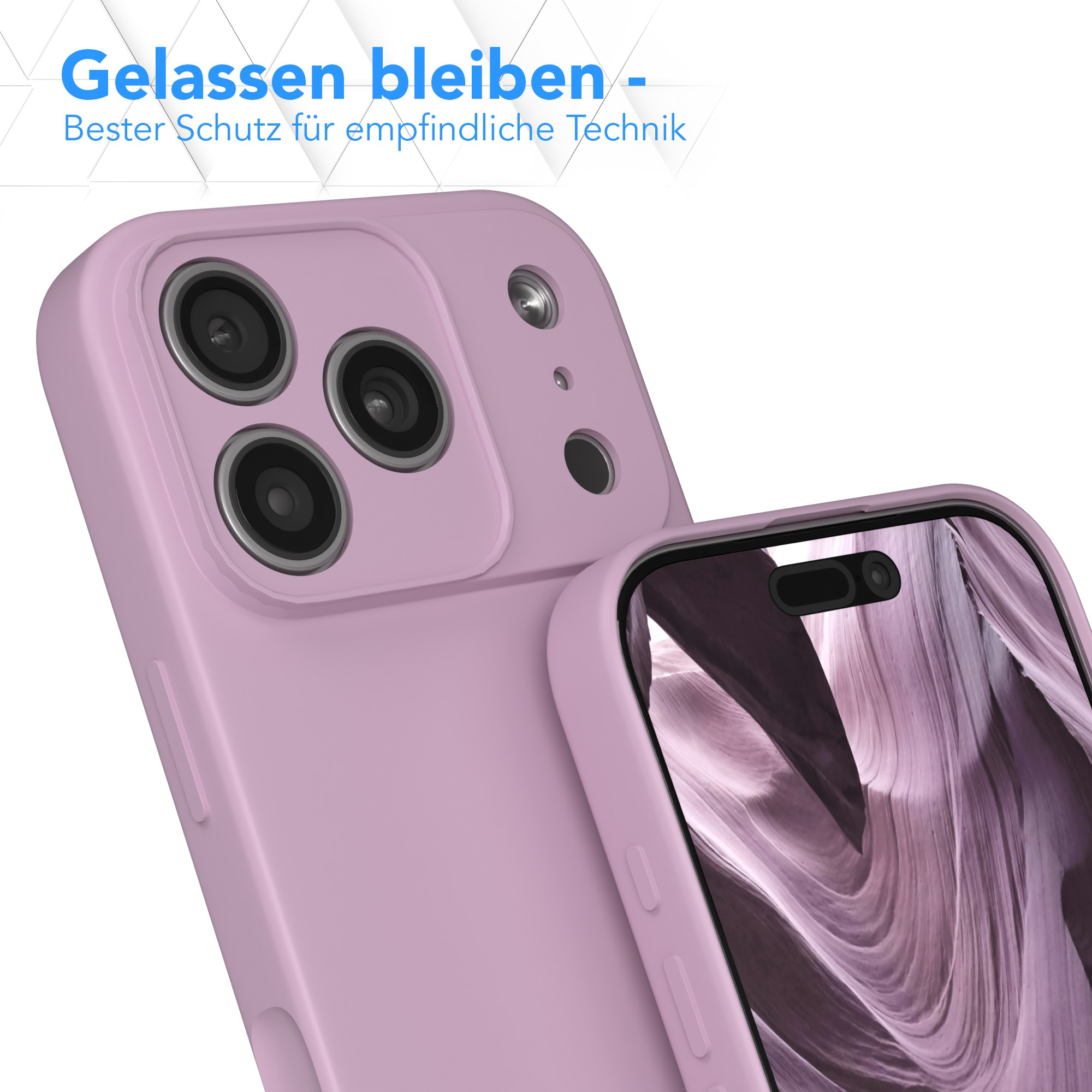 Nahaufnahme einer Handyhülle, zweigeteilt, rosa-lila, mit Telefonbildschirm, der ein unscharfes Muster zeigt, und Text oben.