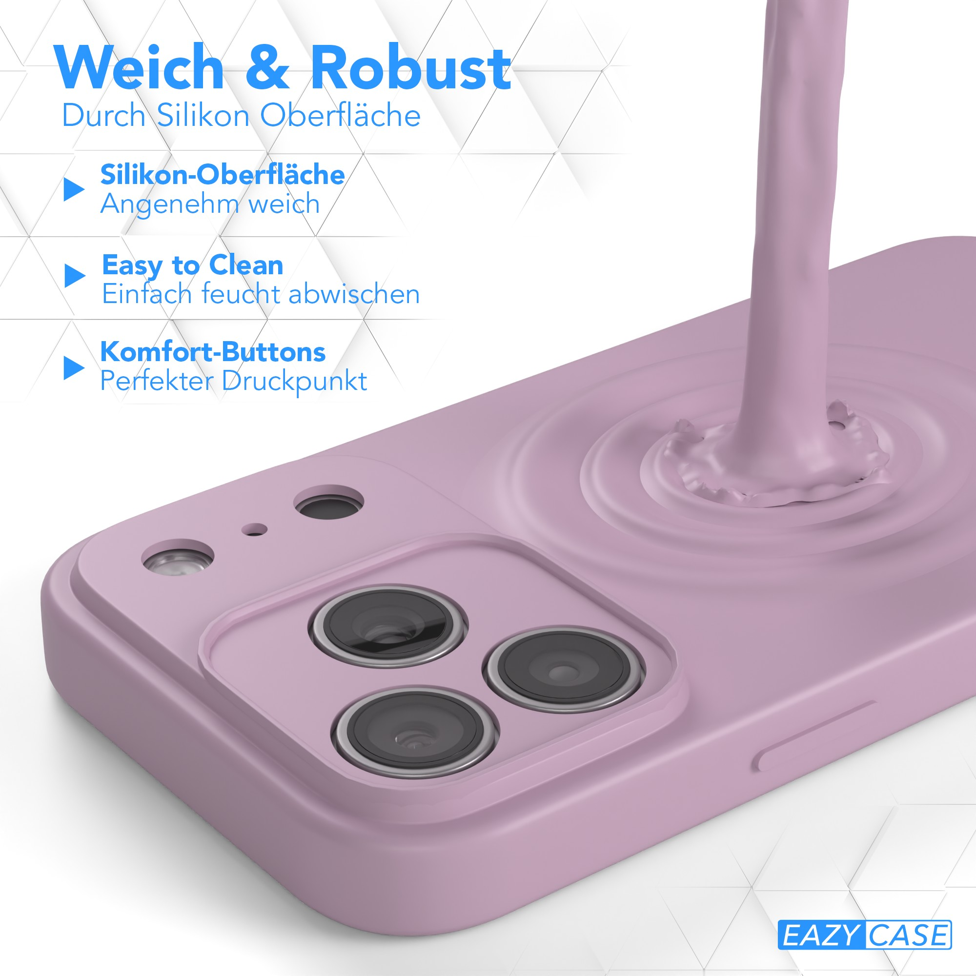 Eine rosa Handyhülle mit drei Kameraausschnitten. Rosa Flüssigkeit wird darauf gegossen. Text erwähnt Silikonoberfläche und einfache Reinigung.