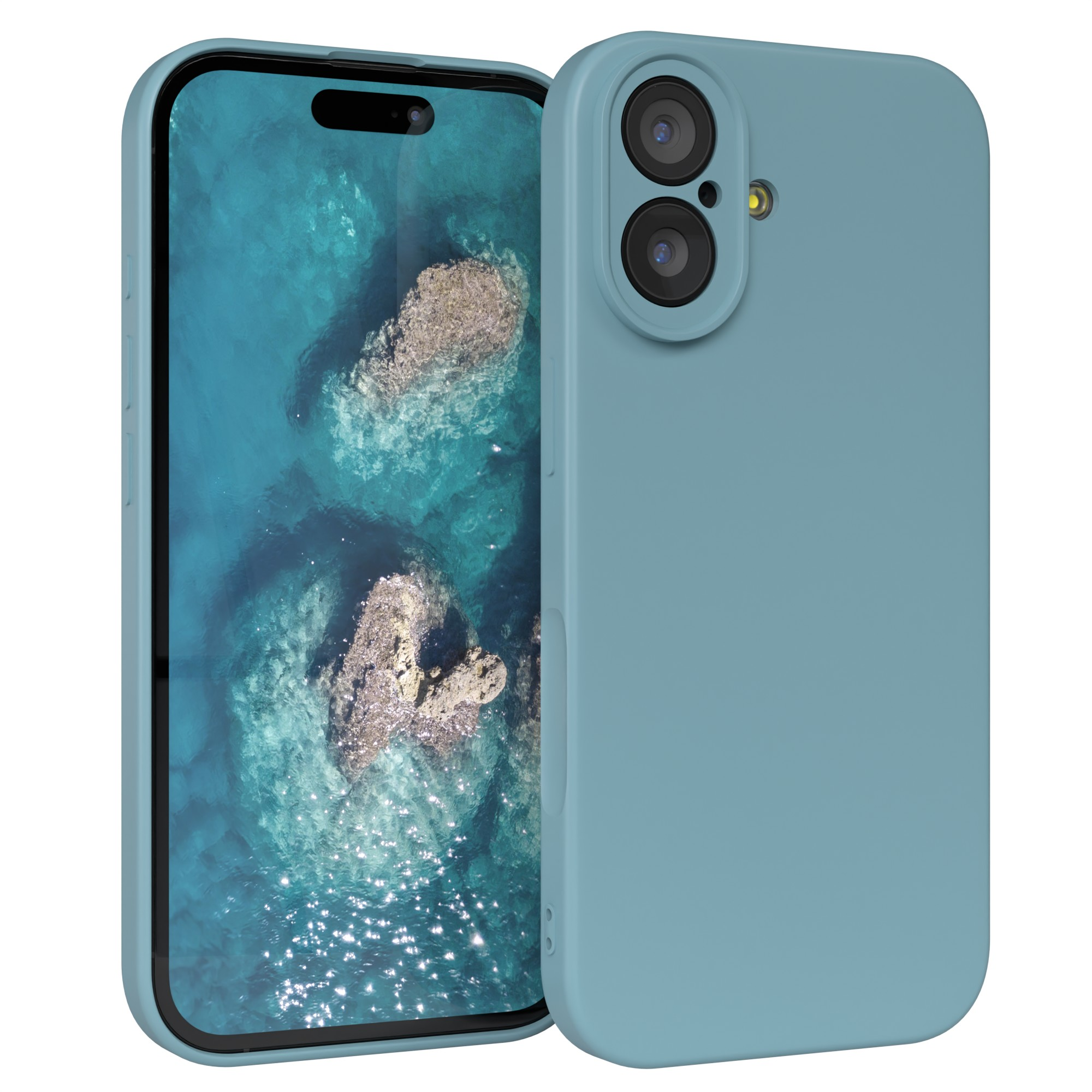 Ein Telefon in einer blauen Hülle zeigt ein Meeresbild. Die Hülle hat auch eine Kamera.