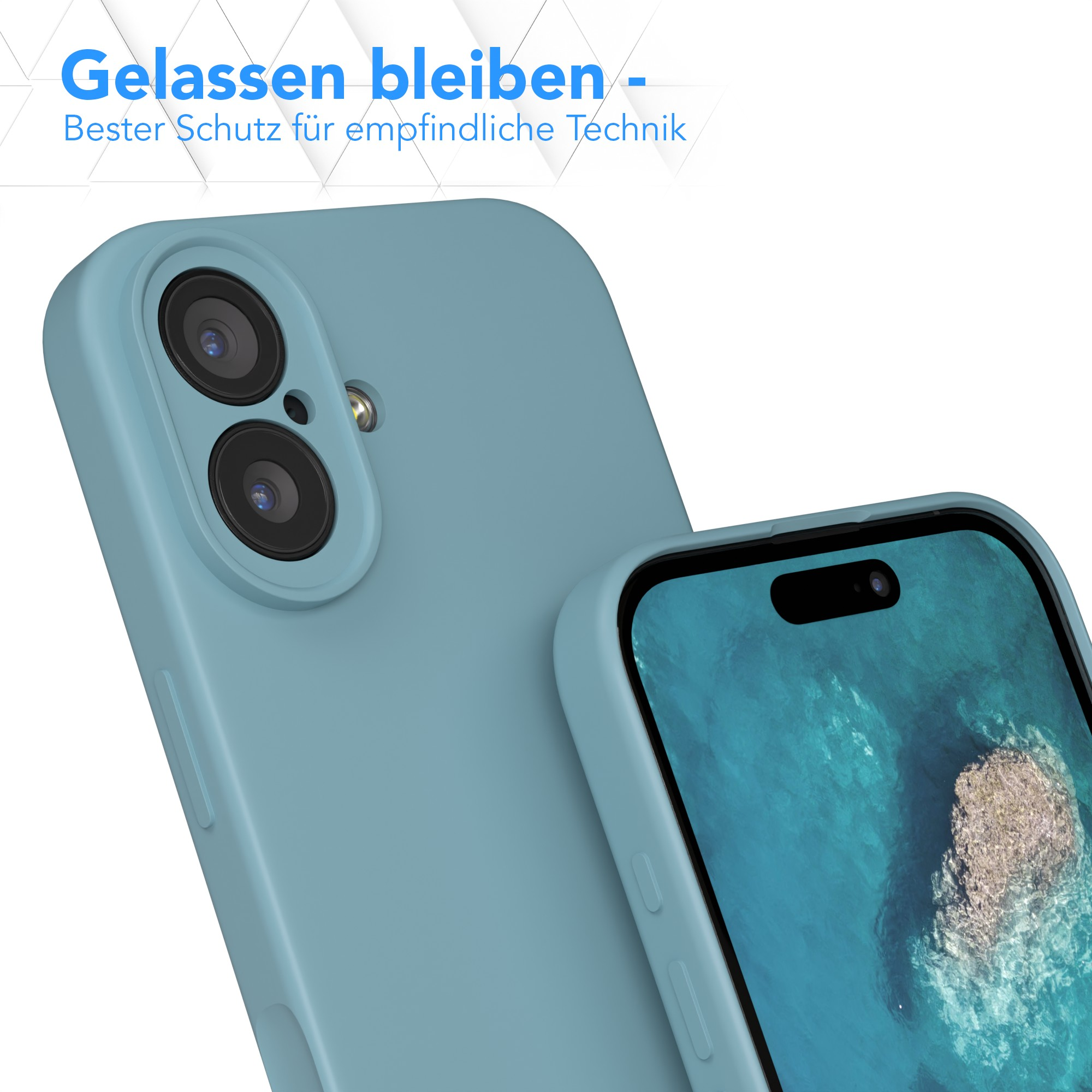 Ein Telefon in einer hellblauen Hülle. Der Bildschirm zeigt eine Wasserszene. Text oben: 'Gelassen bleiben'.