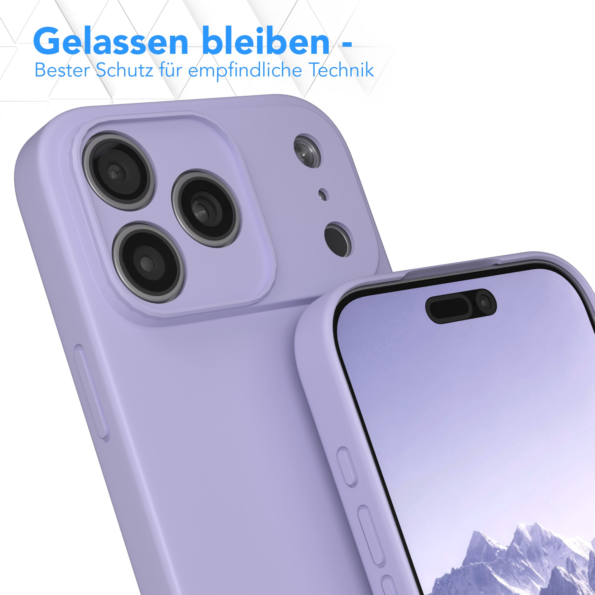 Nahaufnahme von zwei hellvioletten Handyhüllen. Eine ist offen und zeigt einen Bildschirm mit Berglandschaft.