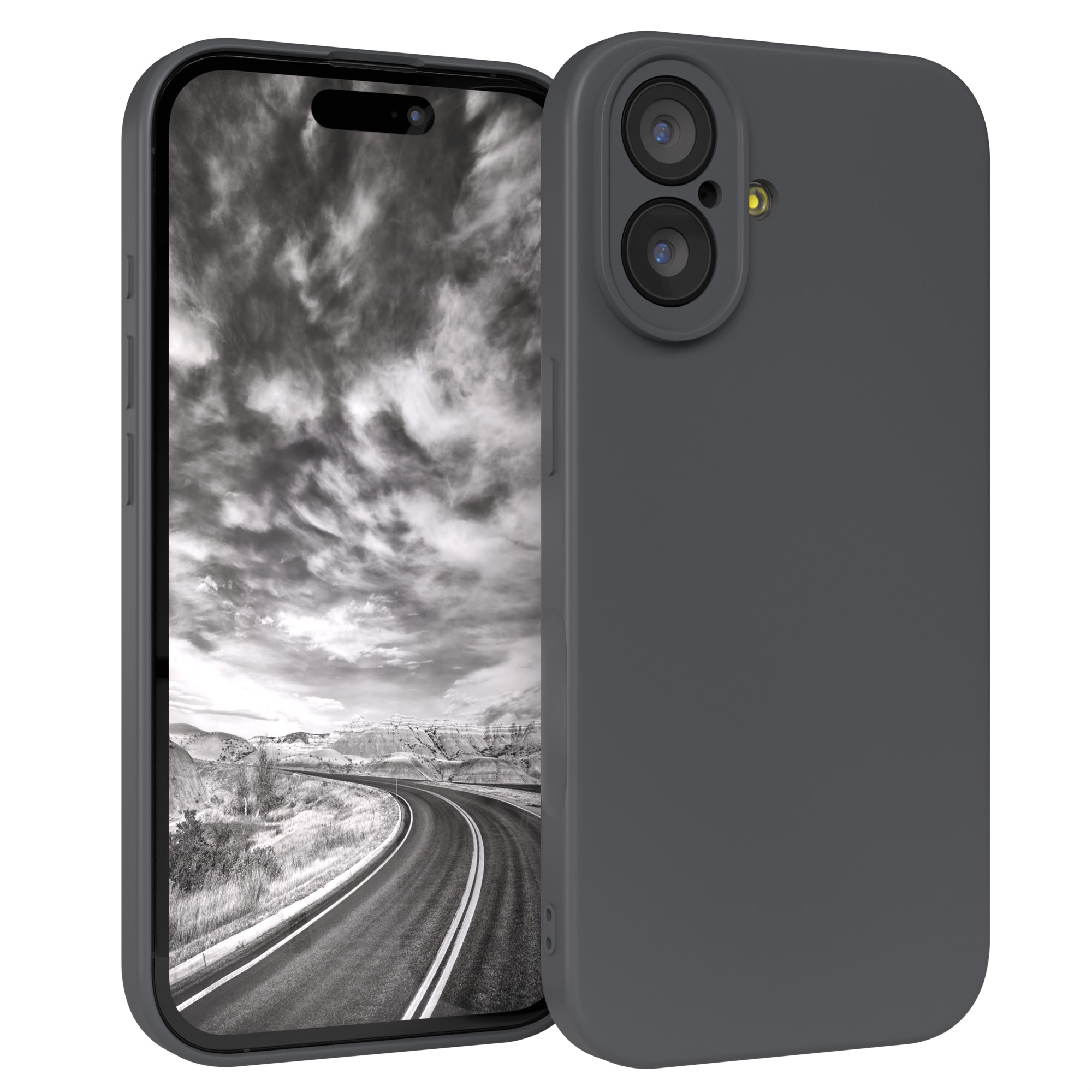 Ein Smartphone in einer grauen Hülle. Der Bildschirm zeigt ein Schwarz-Weiß-Bild einer Straße mit Bergen und Himmel.
