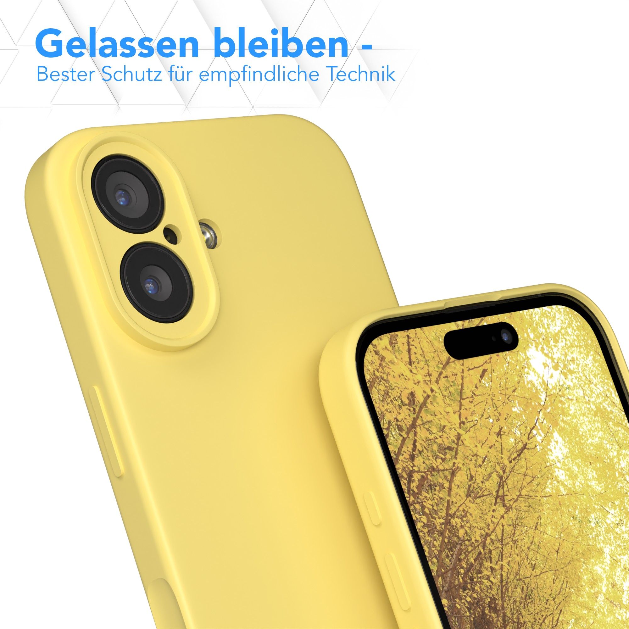 Gelbes Handycase mit Handy, mit Kameralinsen. Der Handybildschirm zeigt eine gelbe Laubszene. Text auf Deutsch.