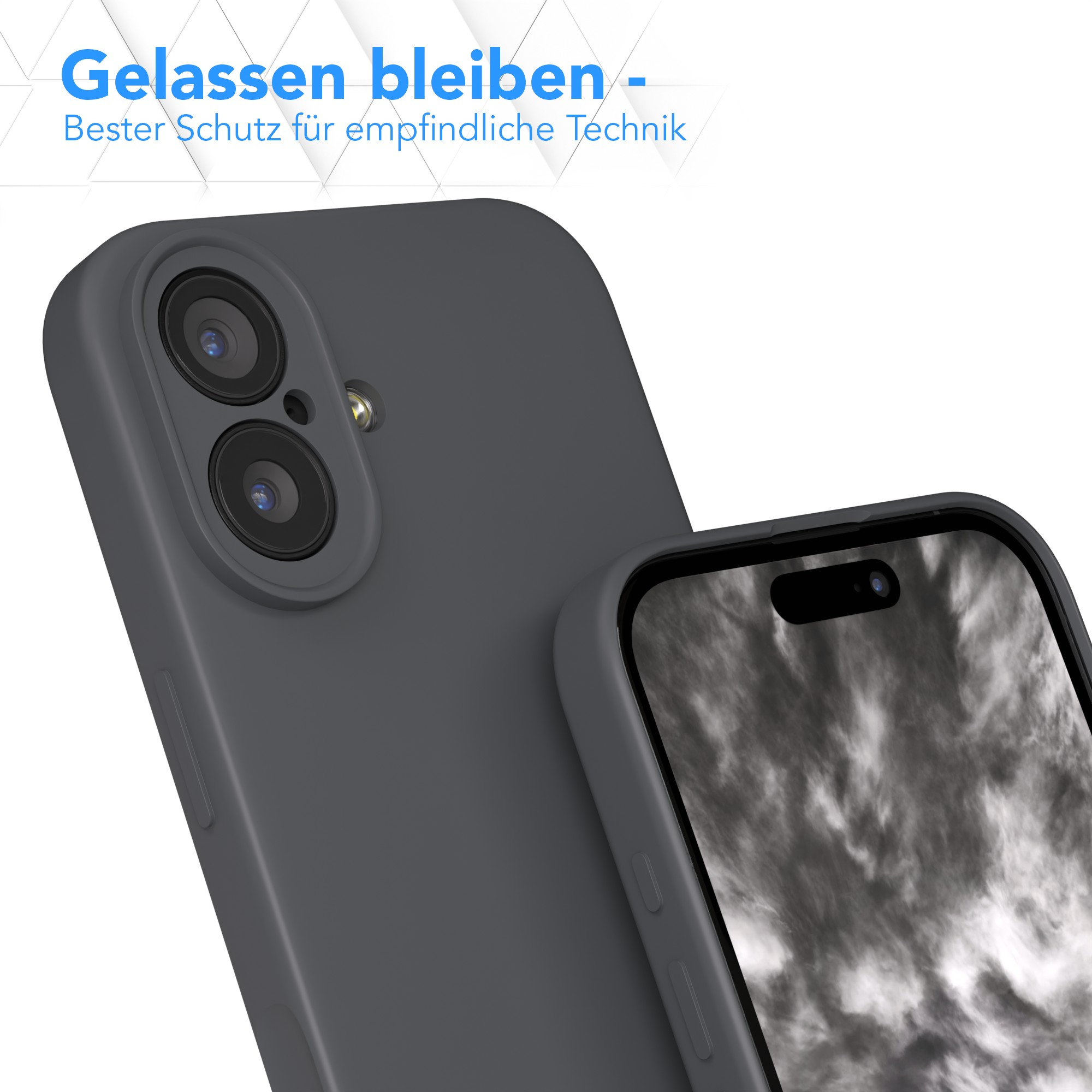 Nahaufnahme einer dunkelgrauen Handyhülle mit einem teilweise darin befindlichen Telefon. Der Bildschirm zeigt Himmel.