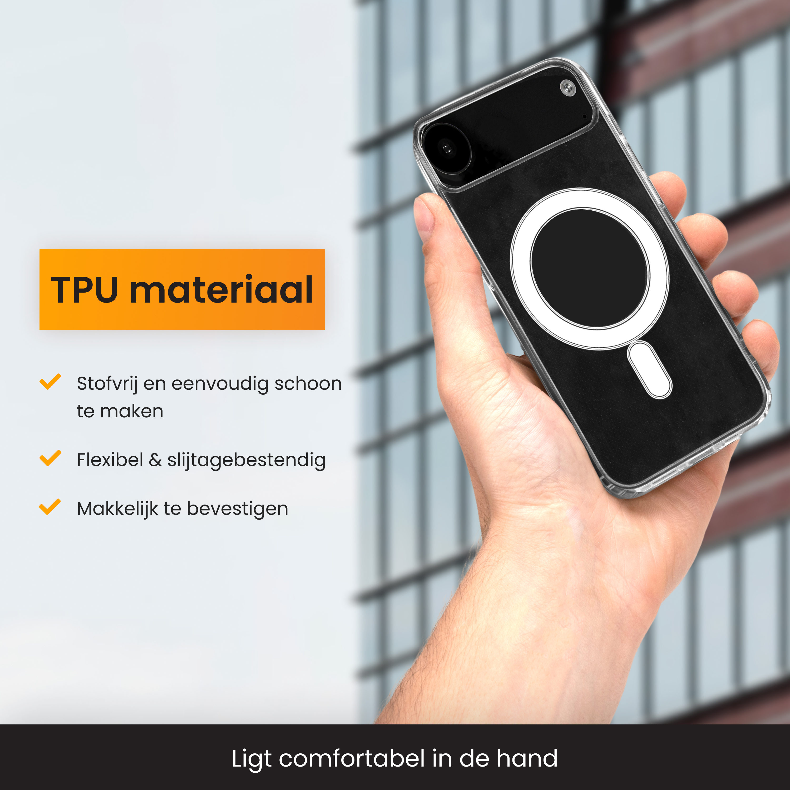 Hand houdt een telefoonhoesje vast. De hoes is zwart met een wit ringontwerp. Tekst erboven zegt TPU-materiaal.