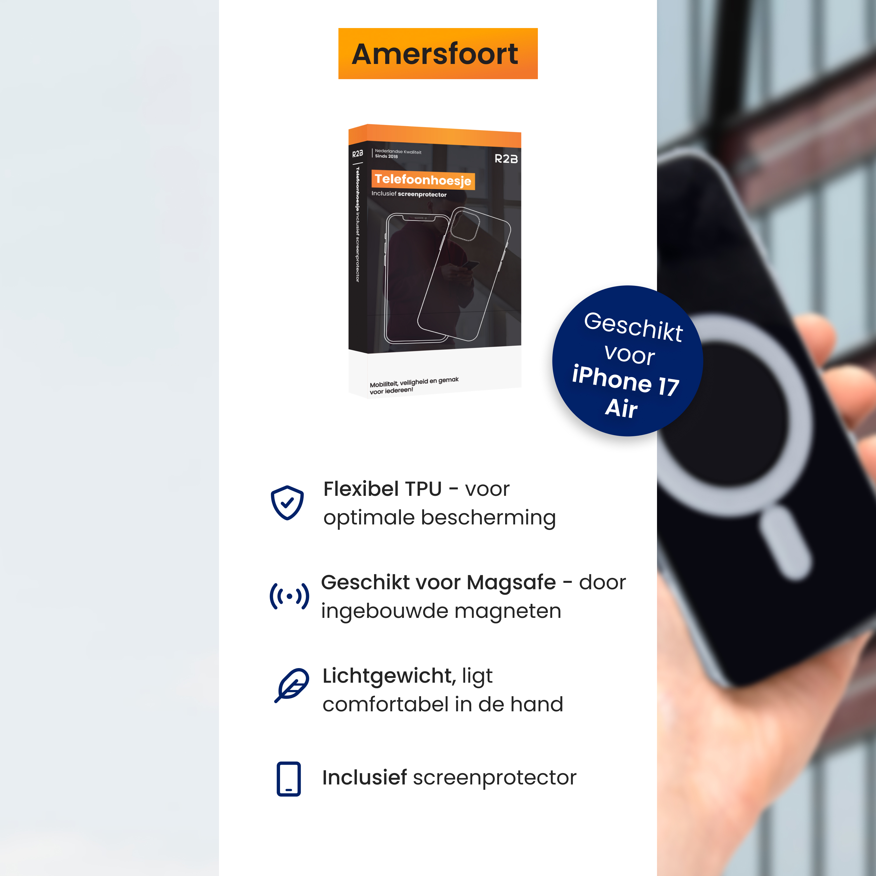 De afbeelding toont een telefoonhoesjesdoos, een telefoon en tekst over de functies ervan. De telefoon wordt in een hand gehouden.