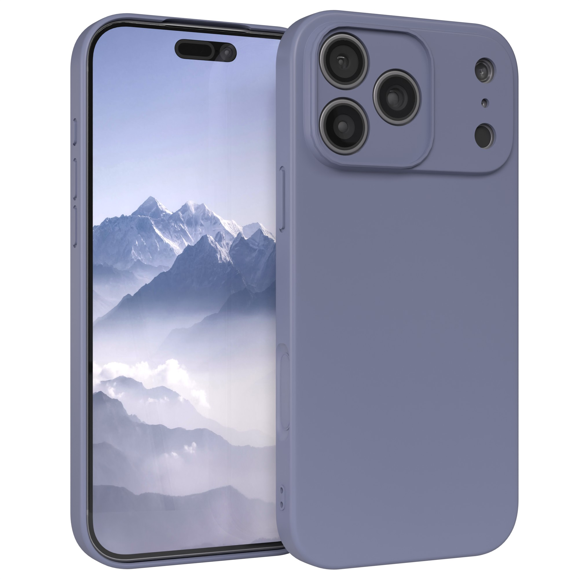 Ein Smartphone mit blauem Gehäuse auf der rechten Seite, der Bildschirm zeigt Berge. Weißer Hintergrund.