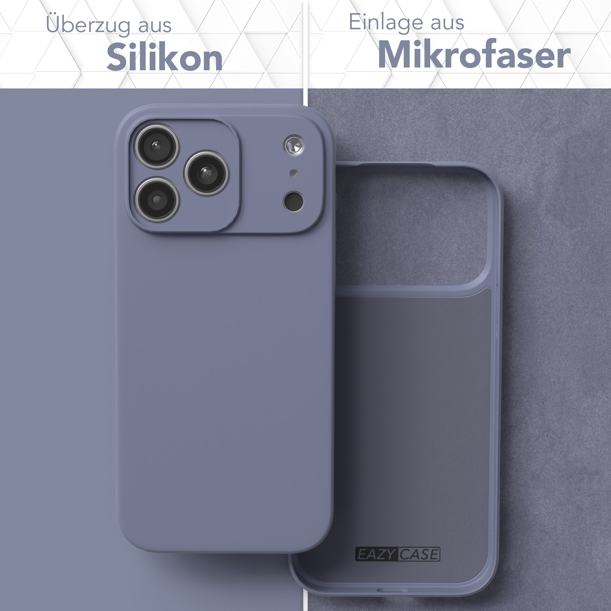 Eine Handyhülle, blaue Silikonaußenseite, Mikrofaser-Innenseite, mit Kameraausschnitt. Die Marke ist EAZY CASE.
