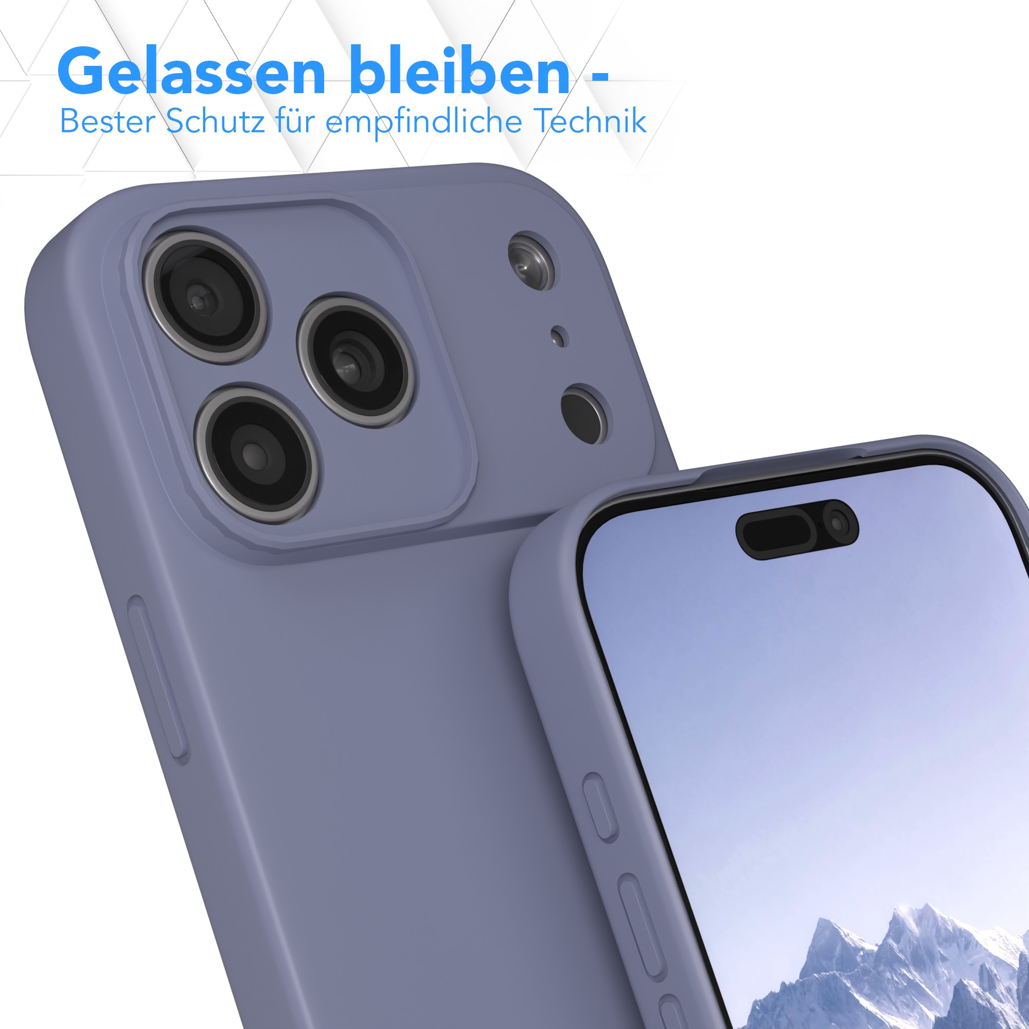 Nahaufnahme von zwei lila Handyhüllen, eine mit Telefon. Text oben: 'Gelassen bleiben - Bester Schutz'.