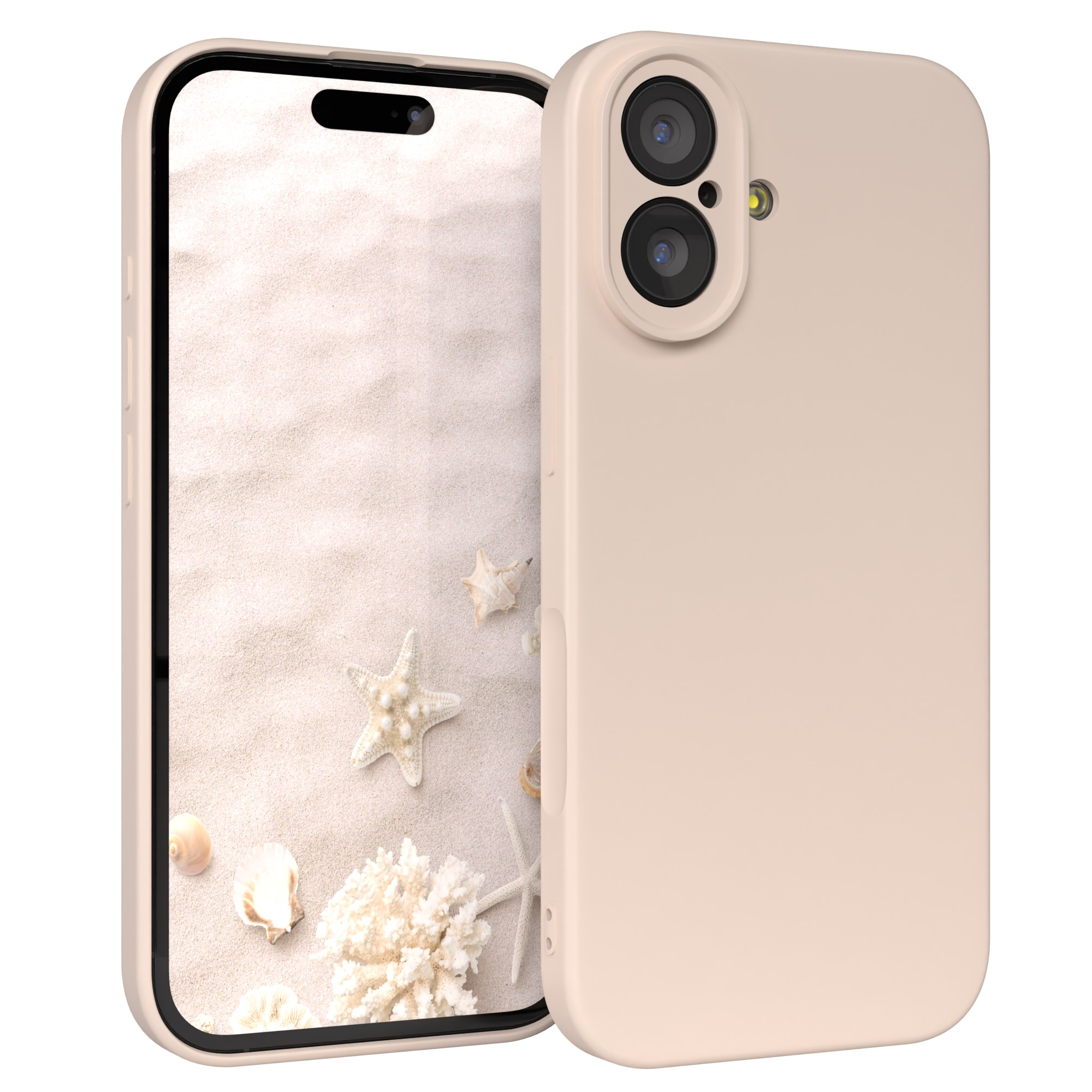 Telefon mit Hülle, Strandszene auf dem Bildschirm mit Seesternen, Muscheln und Sand.