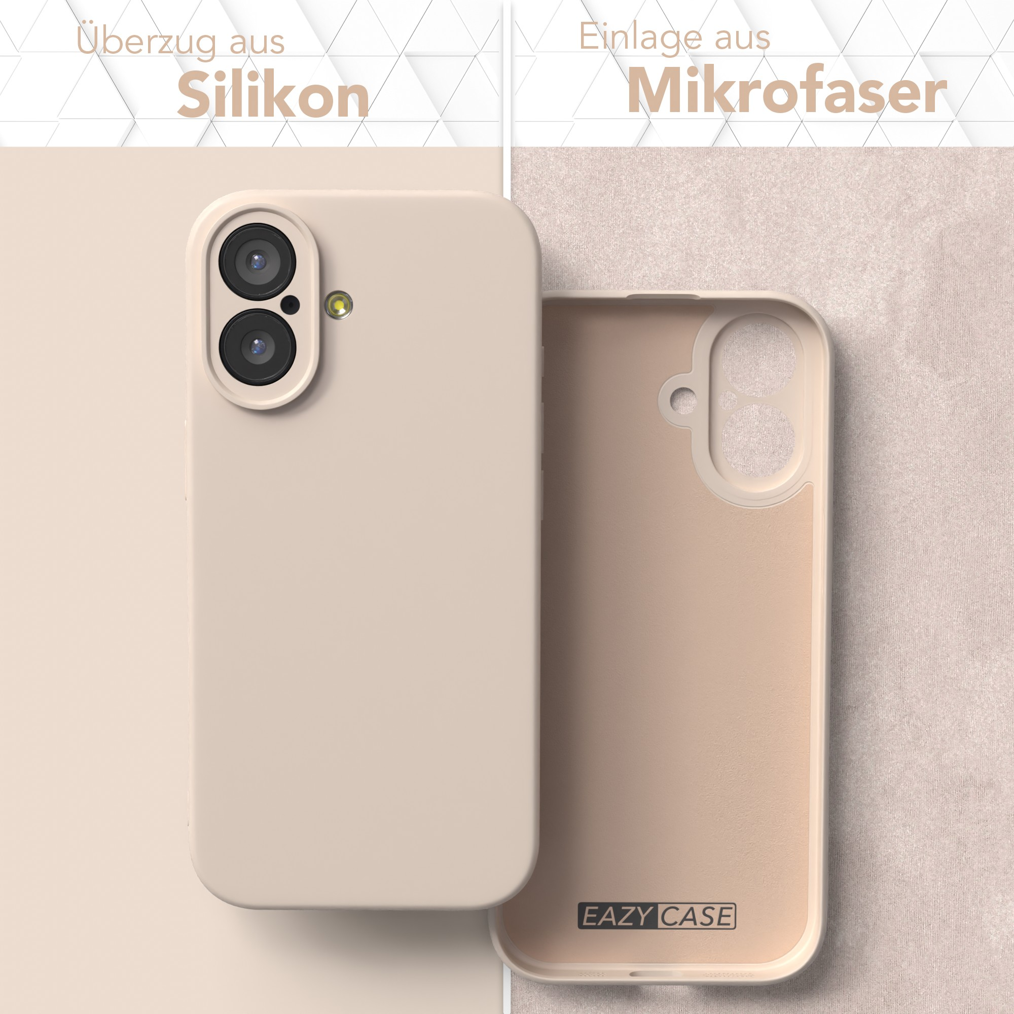Beige Handyhülle, Silikon außen, Mikrofaser innen. Zwei Teile gezeigt, eins offen. 'EAZY CASE' Logo sichtbar.