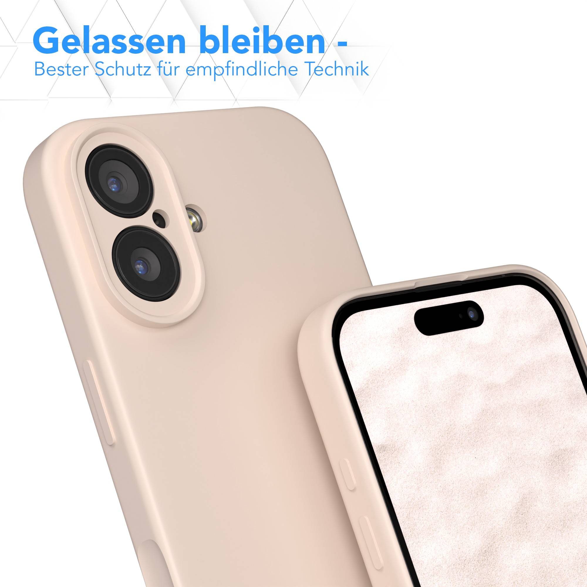 Nahaufnahme von zwei Telefonen mit Schutzhüllen. Die Kamera eines Telefons ist sichtbar. Der Text lautet 'Gelassen bleiben'.