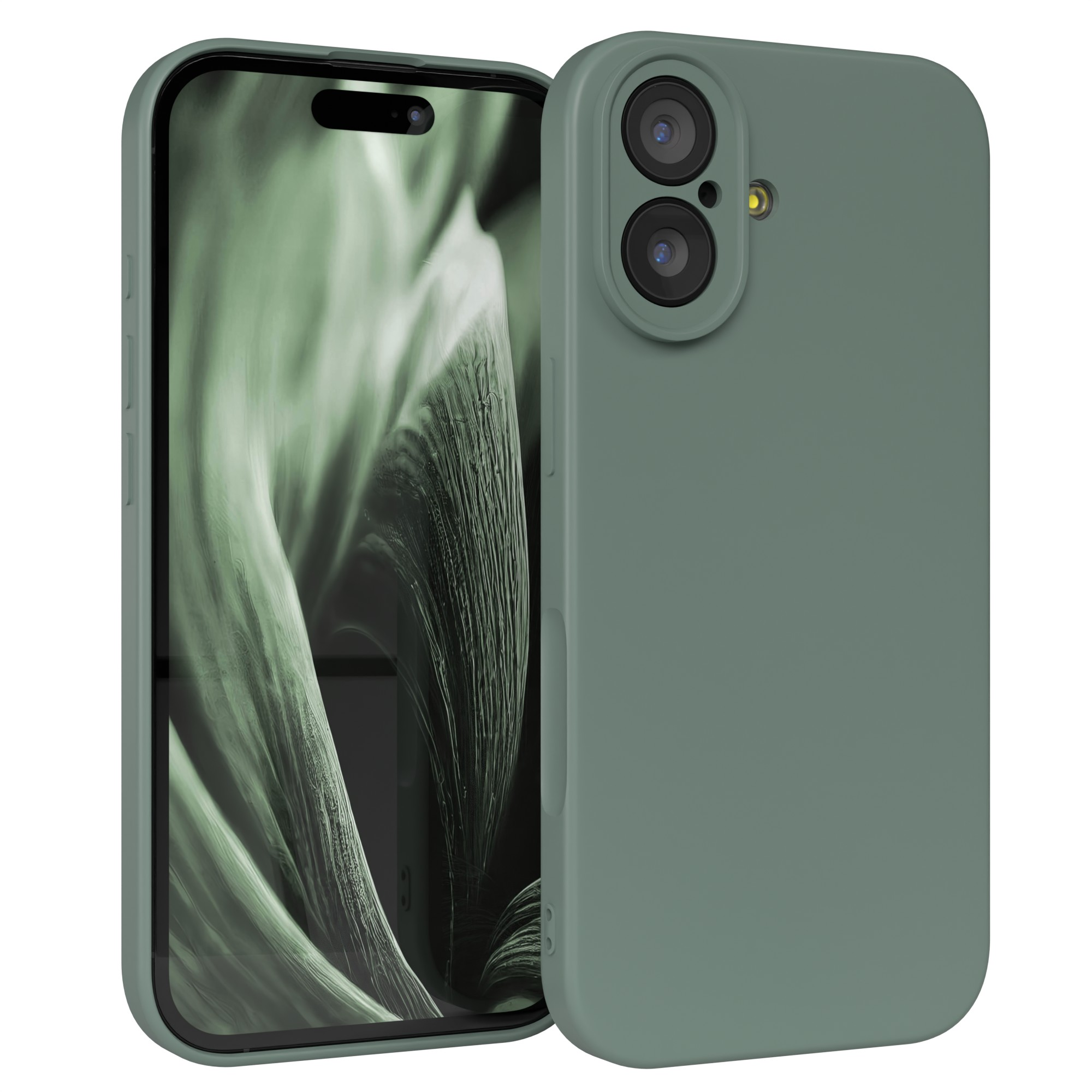 Grüne Handyhülle mit Telefon. Der Telefonbildschirm zeigt ein grünes Blattmuster. Kameralinsen und Blitz sind sichtbar.