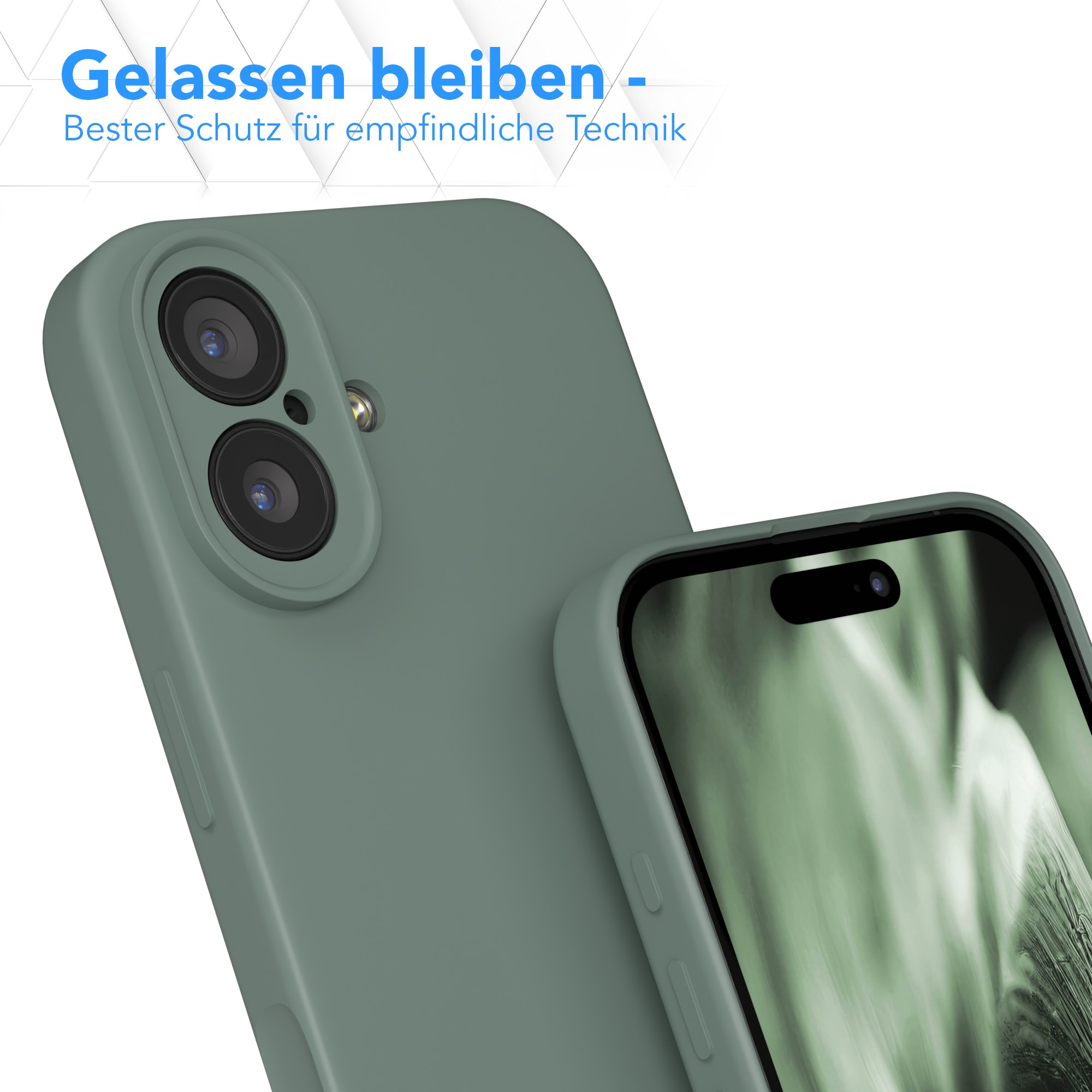 Grüne Handyhülle mit teilweise sichtbarem Telefon. Text oben: Gelassen bleiben - Bester Schutz für empfindliche Technik.