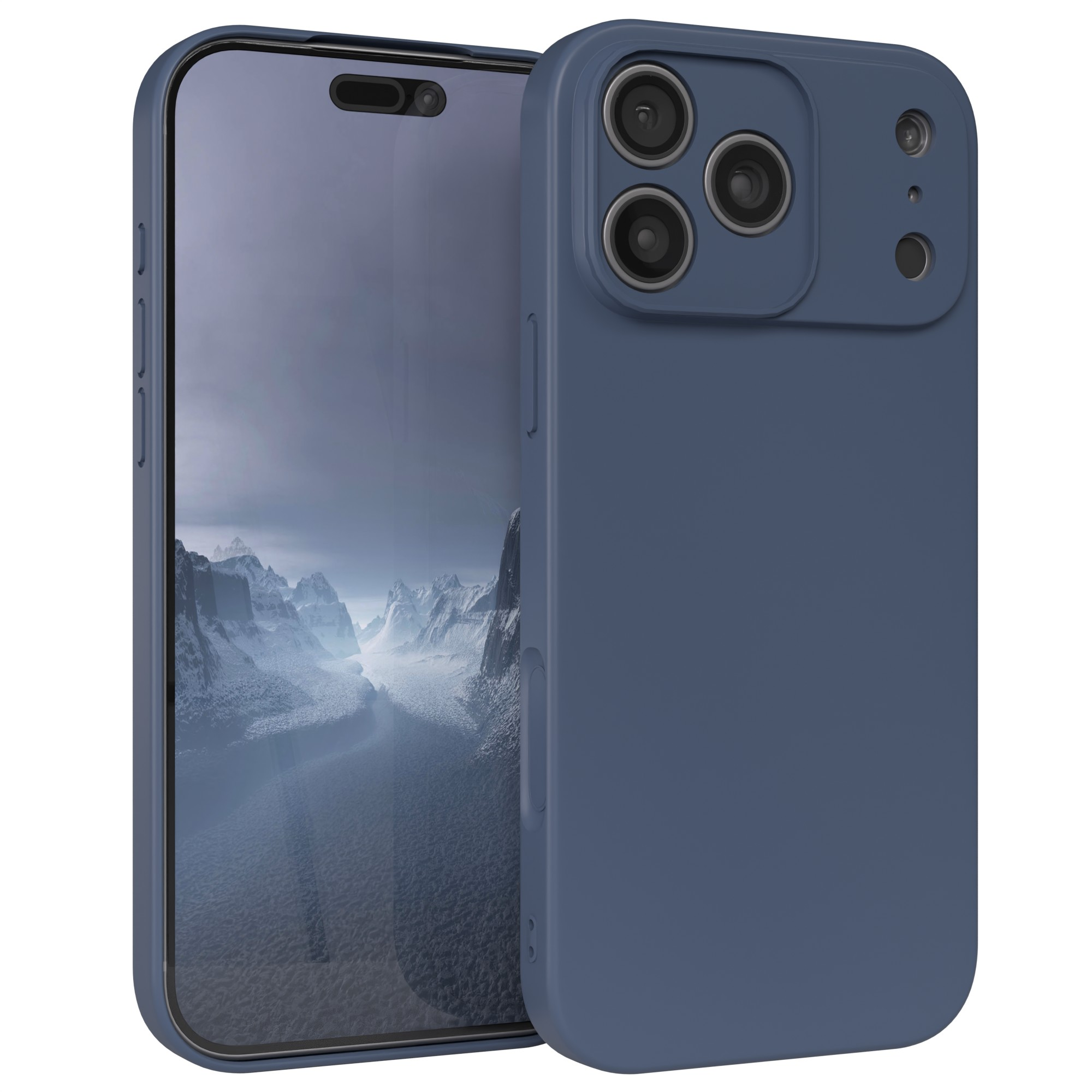 Ein blaues Telefon mit Hülle, das den Bildschirm mit einer Berglandschaft zeigt.