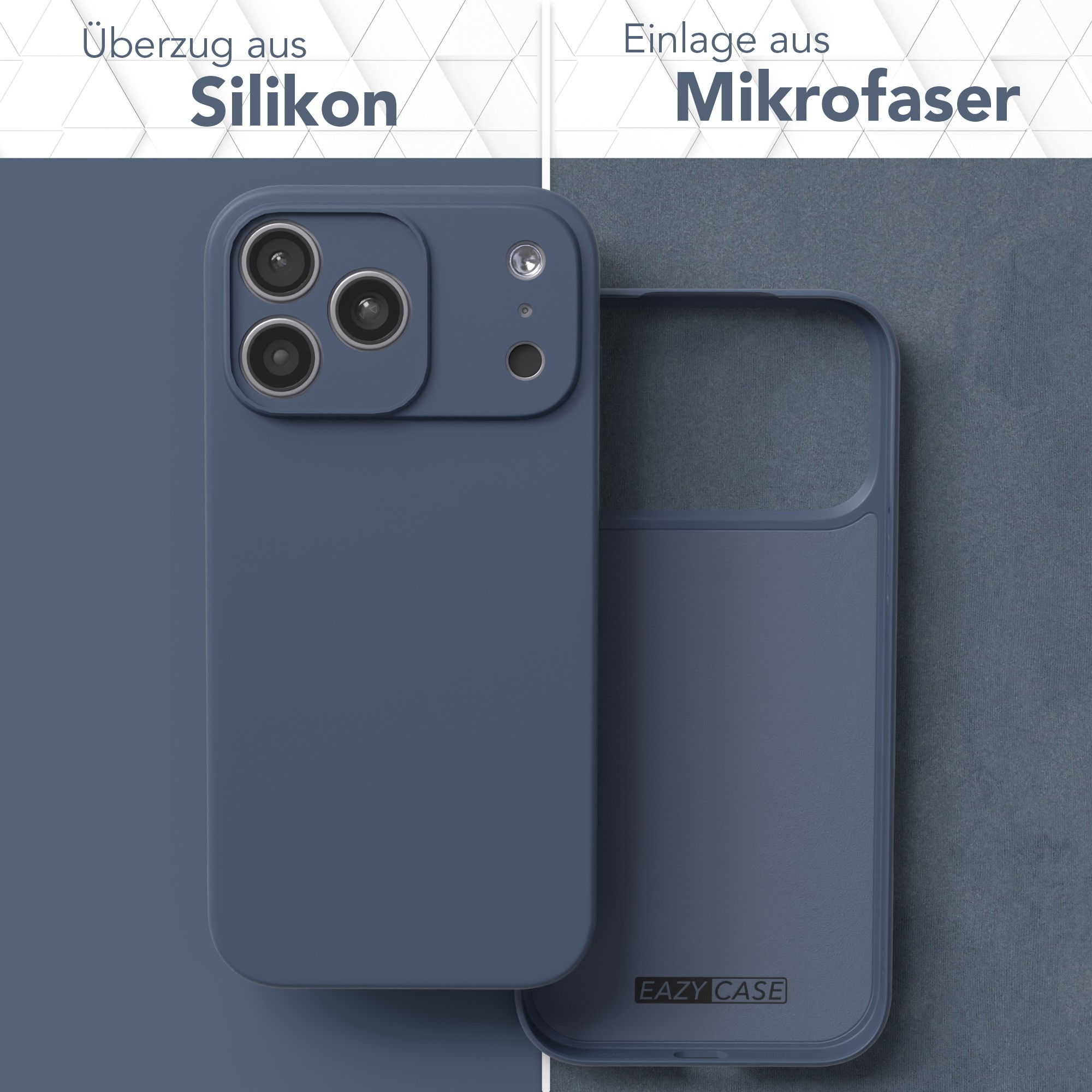 Eine Handyhülle und ihr Innenraum. Die Hülle ist blau. Der Text lautet 'Silikon' und 'Mikrofaser'.