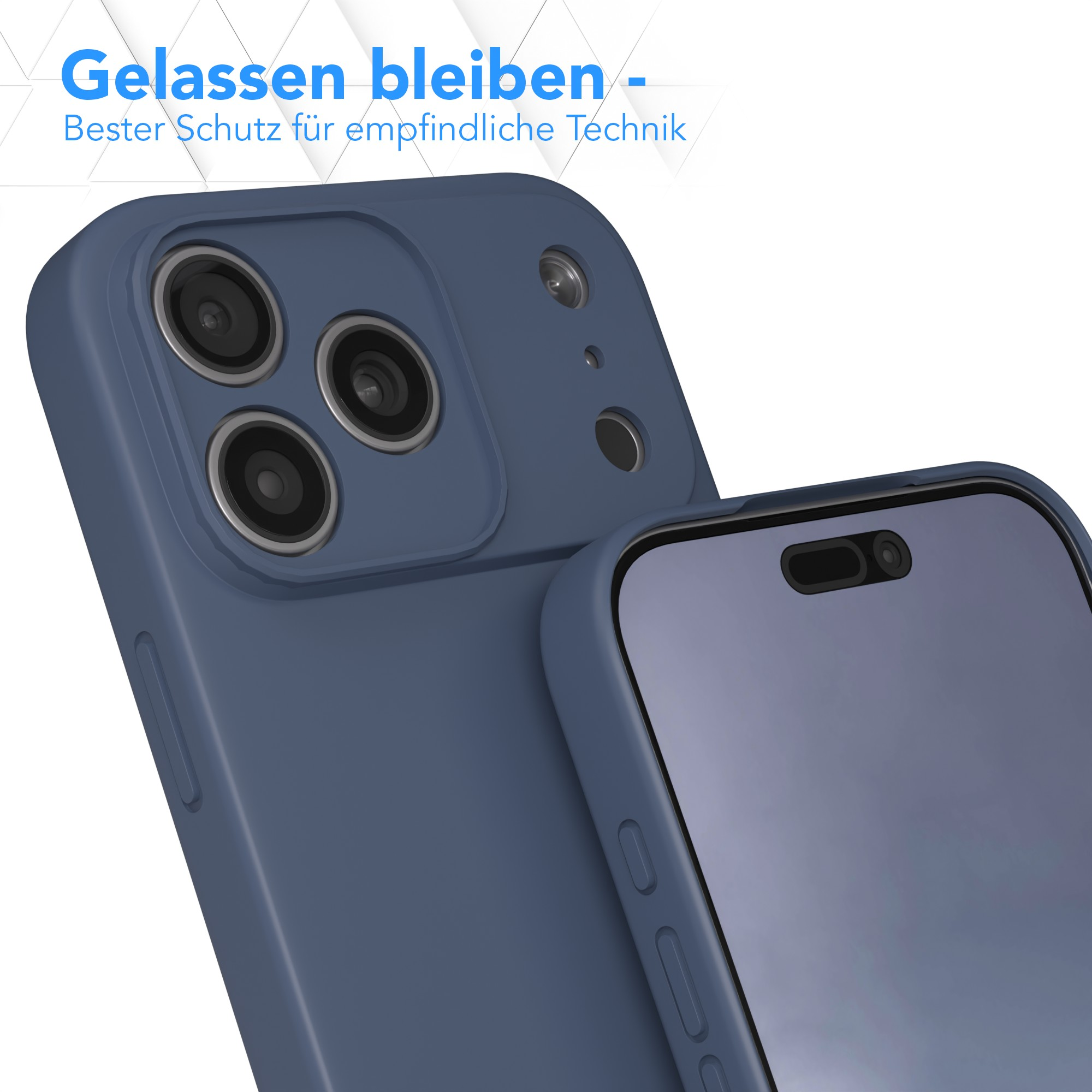 Eine blaue Handyhülle neben einem Handy mit schwarzem Bildschirm. Text: 'Gelassen bleiben - Bester Schutz für empfindliche Technik'.