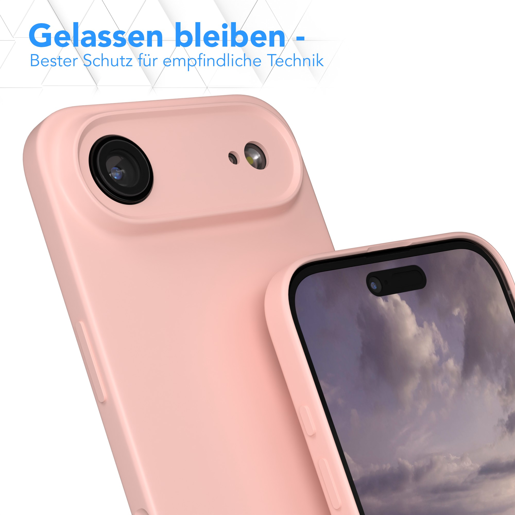 Rosa Handyhüllen, mit einem sichtbaren Handybildschirm. Text auf Deutsch oben. Der Hintergrund ist weiß.