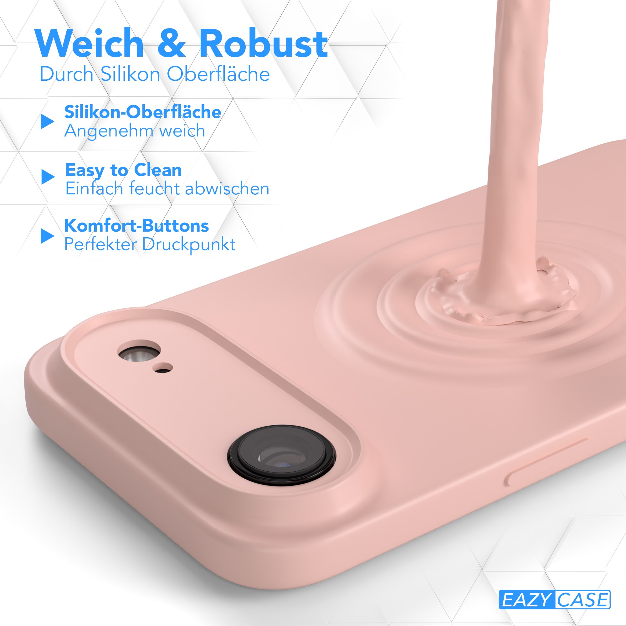 Rosa Handyhülle mit Flüssigkeit, die darauf gegossen wird. Die Hülle hat einen Kameraausschnitt und einen Power-Button-Bereich.
