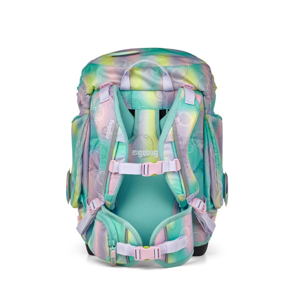 Ein bunter Rucksack mit abstraktem Blasenmuster. Er hat rosa Akzente an den Riemen und Schnallen.